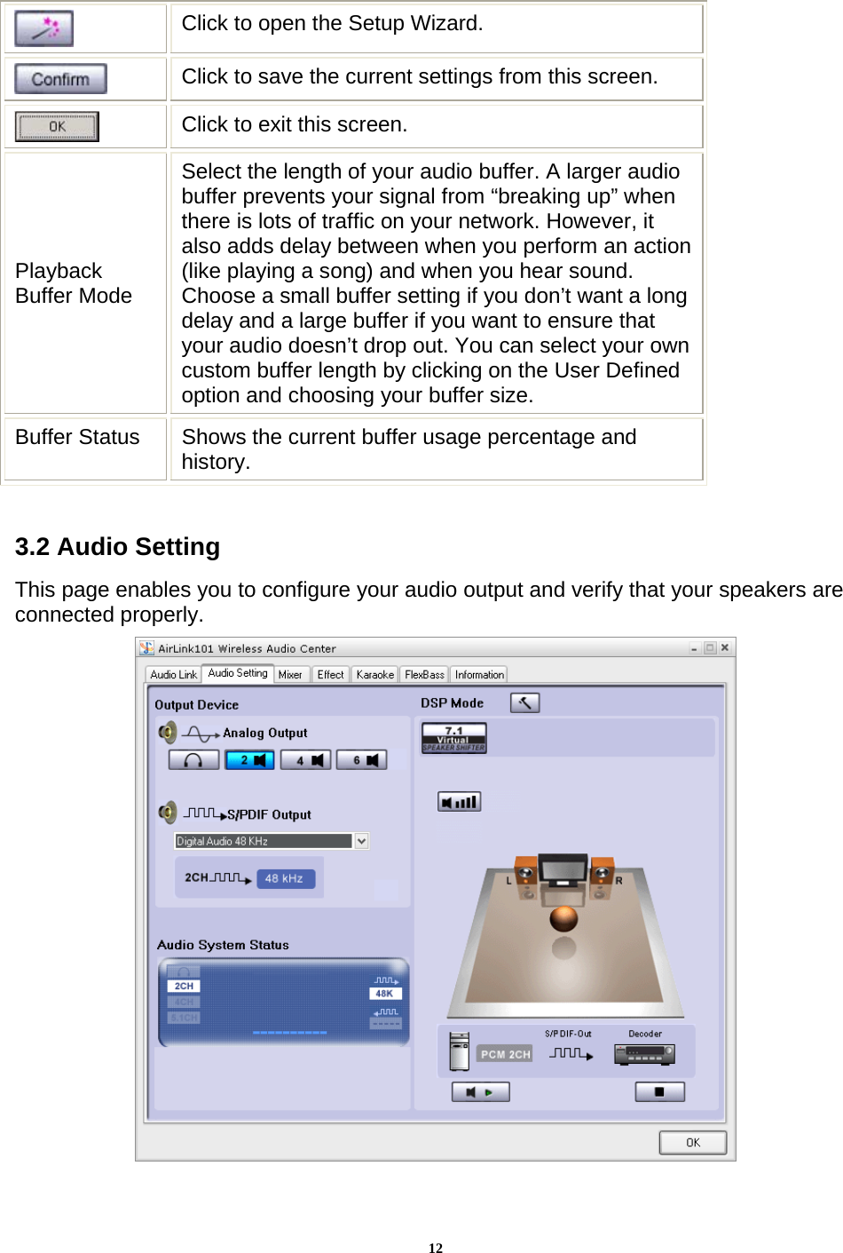 12 Click to open the Setup Wizard.  Click to save the current settings from this screen.  Click to exit this screen. Playback Buffer Mode Select the length of your audio buffer. A larger audio buffer prevents your signal from “breaking up” when there is lots of traffic on your network. However, it also adds delay between when you perform an action (like playing a song) and when you hear sound. Choose a small buffer setting if you don’t want a long delay and a large buffer if you want to ensure that your audio doesn’t drop out. You can select your own custom buffer length by clicking on the User Defined option and choosing your buffer size. Buffer Status  Shows the current buffer usage percentage and history.   3.2 Audio Setting This page enables you to configure your audio output and verify that your speakers are connected properly.  