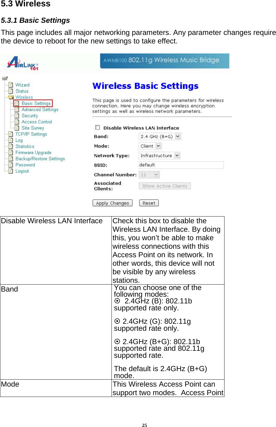 255.3 Wireless 5.3.1 Basic Settings This page includes all major networking parameters. Any parameter changes require the device to reboot for the new settings to take effect.    Disable Wireless LAN Interface  Check this box to disable the Wireless LAN Interface. By doing this, you won’t be able to make wireless connections with this Access Point on its network. In other words, this device will not be visible by any wireless stations. Band  You can choose one of the following modes:    2.4GHz (B): 802.11b supported rate only.   2.4GHz (G): 802.11g supported rate only.    2.4GHz (B+G): 802.11b supported rate and 802.11g supported rate.  The default is 2.4GHz (B+G) mode. Mode  This Wireless Access Point can support two modes.  Access Point 