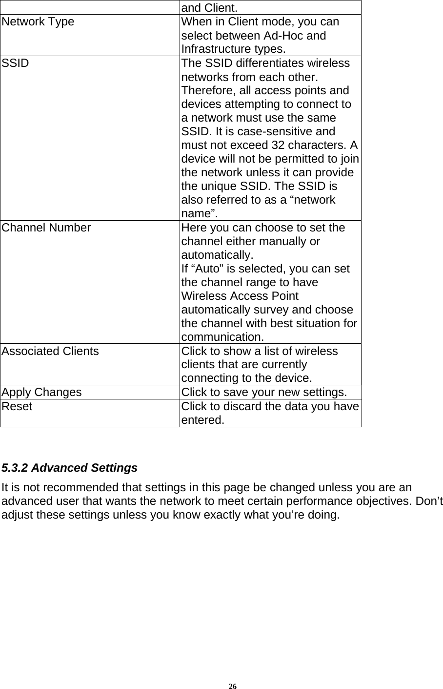 26and Client.   Network Type  When in Client mode, you can select between Ad-Hoc and Infrastructure types.  SSID  The SSID differentiates wireless networks from each other. Therefore, all access points and devices attempting to connect to a network must use the same SSID. It is case-sensitive and must not exceed 32 characters. A device will not be permitted to join the network unless it can provide the unique SSID. The SSID is also referred to as a “network name”. Channel Number  Here you can choose to set the channel either manually or automatically. If “Auto” is selected, you can set the channel range to have Wireless Access Point automatically survey and choose the channel with best situation for communication. Associated Clients  Click to show a list of wireless clients that are currently connecting to the device. Apply Changes  Click to save your new settings.  Reset  Click to discard the data you have entered.   5.3.2 Advanced Settings It is not recommended that settings in this page be changed unless you are an advanced user that wants the network to meet certain performance objectives. Don’t adjust these settings unless you know exactly what you’re doing.  