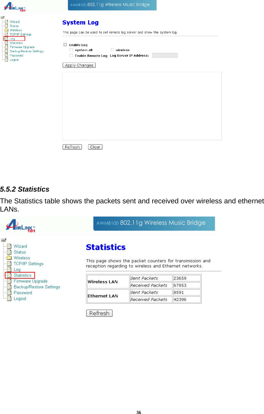 36   5.5.2 Statistics The Statistics table shows the packets sent and received over wireless and ethernet LANs.   