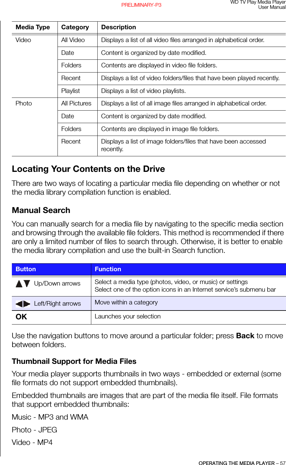 WD TV Play Media PlayerUser ManualOPERATING THE MEDIA PLAYER – 57PRELIMINARY-P3Locating Your Contents on the DriveThere are two ways of locating a particular media file depending on whether or not the media library compilation function is enabled. Manual Search You can manually search for a media file by navigating to the specific media section and browsing through the available file folders. This method is recommended if there are only a limited number of files to search through. Otherwise, it is better to enable the media library compilation and use the built-in Search function. Use the navigation buttons to move around a particular folder; press Back to move between folders. Thumbnail Support for Media FilesYour media player supports thumbnails in two ways - embedded or external (some file formats do not support embedded thumbnails). Embedded thumbnails are images that are part of the media file itself. File formats that support embedded thumbnails:Music - MP3 and WMAPhoto - JPEGVideo - MP4Video  All Video Displays a list of all video files arranged in alphabetical order.Date Content is organized by date modified.Folders Contents are displayed in video file folders.Recent  Displays a list of video folders/files that have been played recently. Playlist Displays a list of video playlists. Photo All Pictures Displays a list of all image files arranged in alphabetical order.Date Content is organized by date modified.Folders Contents are displayed in image file folders.Recent Displays a list of image folders/files that have been accessed recently. Button Function Up/Down arrows Select a media type (photos, video, or music) or settingsSelect one of the option icons in an Internet service’s submenu bar Left/Right arrows Move within a categoryOK  Launches your selectionMedia Type Category Description