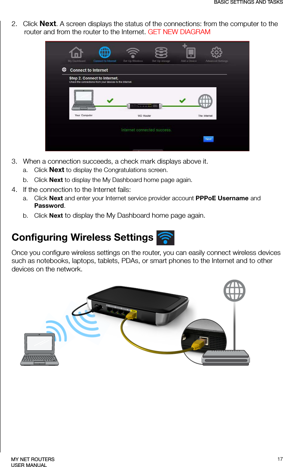 BASIC SETTINGS AND TASKS17MY NET ROUTERSUSER MANUAL2.   Click Next. A screen displays the status of the connections: from the computer to the router and from the router to the Internet. GET NEW DIAGRAM3.   When a connection succeeds, a check mark displays above it. a. Click Next to display the Congratulations screen. b. Click Next to display the My Dashboard home page again. 4.   If the connection to the Internet fails:a. Click Next and enter your Internet service provider account PPPoE Username and Password. b. Click Next to display the My Dashboard home page again.Configuring Wireless Settings Once you configure wireless settings on the router, you can easily connect wireless devices such as notebooks, laptops, tablets, PDAs, or smart phones to the Internet and to other devices on the network. 3