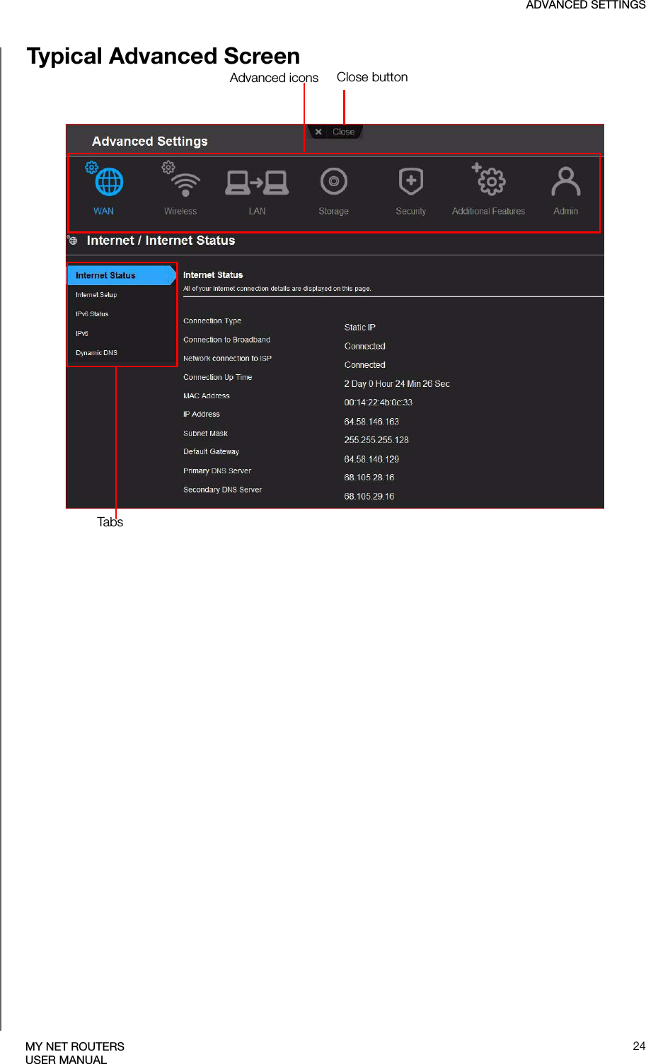 ADVANCED SETTINGS24MY NET ROUTERSUSER MANUALTypical Advanced ScreenAdvanced icons Close buttonTabsadvanced settings icon navigates to a set of screens related to a particular sotware function, for example advanced wireless settings and security settings. The screens in the set are listed on the left of the screen and referred to as tabs. When you click a tab, it becomes an arrow and the screen displays.