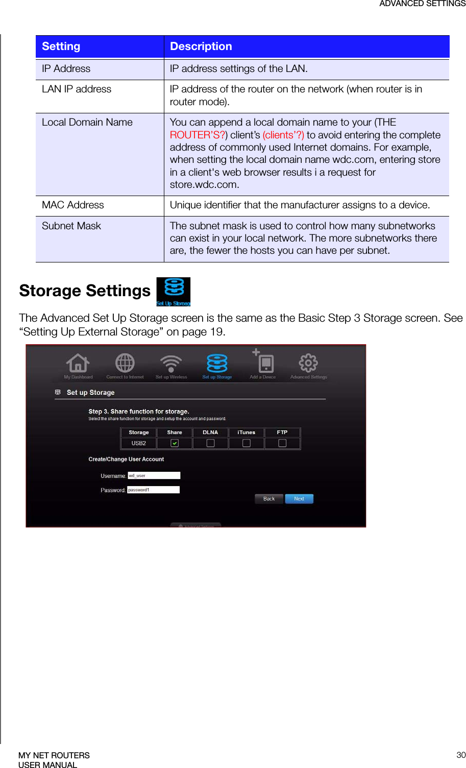 ADVANCED SETTINGS30MY NET ROUTERSUSER MANUALStorage Settings The Advanced Set Up Storage screen is the same as the Basic Step 3 Storage screen. See “Setting Up External Storage” on page 19.IP Address IP address settings of the LAN.LAN IP address IP address of the router on the network (when router is in router mode).Local Domain Name You can append a local domain name to your (THE ROUTER’S?) client’s (clients’?) to avoid entering the complete address of commonly used Internet domains. For example, when setting the local domain name wdc.com, entering store in a client&apos;s web browser results i a request for store.wdc.com.MAC Address Unique identifier that the manufacturer assigns to a device.Subnet Mask The subnet mask is used to control how many subnetworks can exist in your local network. The more subnetworks there are, the fewer the hosts you can have per subnet.Setting Description