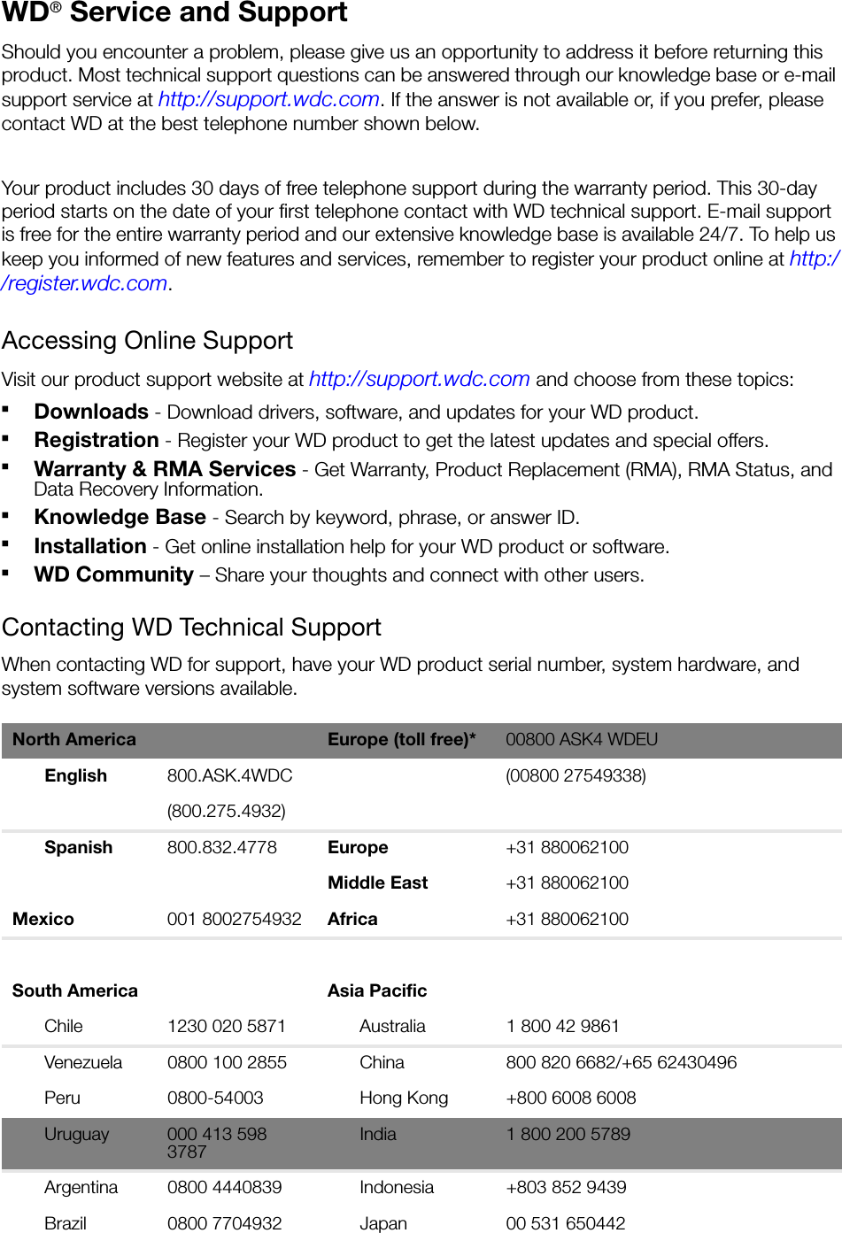 WD® Service and SupportShould you encounter a problem, please give us an opportunity to address it before returning this product. Most technical support questions can be answered through our knowledge base or e-mail support service at http://support.wdc.com. If the answer is not available or, if you prefer, please contact WD at the best telephone number shown below.Your product includes 30 days of free telephone support during the warranty period. This 30-day period starts on the date of your first telephone contact with WD technical support. E-mail support is free for the entire warranty period and our extensive knowledge base is available 24/7. To help us keep you informed of new features and services, remember to register your product online at http://register.wdc.com.Accessing Online SupportVisit our product support website at http://support.wdc.com and choose from these topics:Downloads - Download drivers, software, and updates for your WD product.Registration - Register your WD product to get the latest updates and special offers.Warranty &amp; RMA Services - Get Warranty, Product Replacement (RMA), RMA Status, and Data Recovery Information.Knowledge Base - Search by keyword, phrase, or answer ID. Installation - Get online installation help for your WD product or software.WD Community – Share your thoughts and connect with other users.Contacting WD Technical Support When contacting WD for support, have your WD product serial number, system hardware, and system software versions available.North America Europe (toll free)*00800 ASK4 WDEUEnglish 800.ASK.4WDC(00800 27549338)(800.275.4932)Spanish 800.832.4778 Europe+31 880062100Middle East+31 880062100Mexico 001 8002754932 Africa+31 880062100South America Asia PacificChile  1230 020 5871 Australia 1 800 42 9861Venezuela  0800 100 2855 China 800 820 6682/+65 62430496 Peru 0800-54003 Hong Kong +800 6008 6008Uruguay 000 413 598 3787India 1 800 200 5789Argentina 0800 4440839 Indonesia +803 852 9439 Brazil 0800 7704932 Japan 00 531 650442