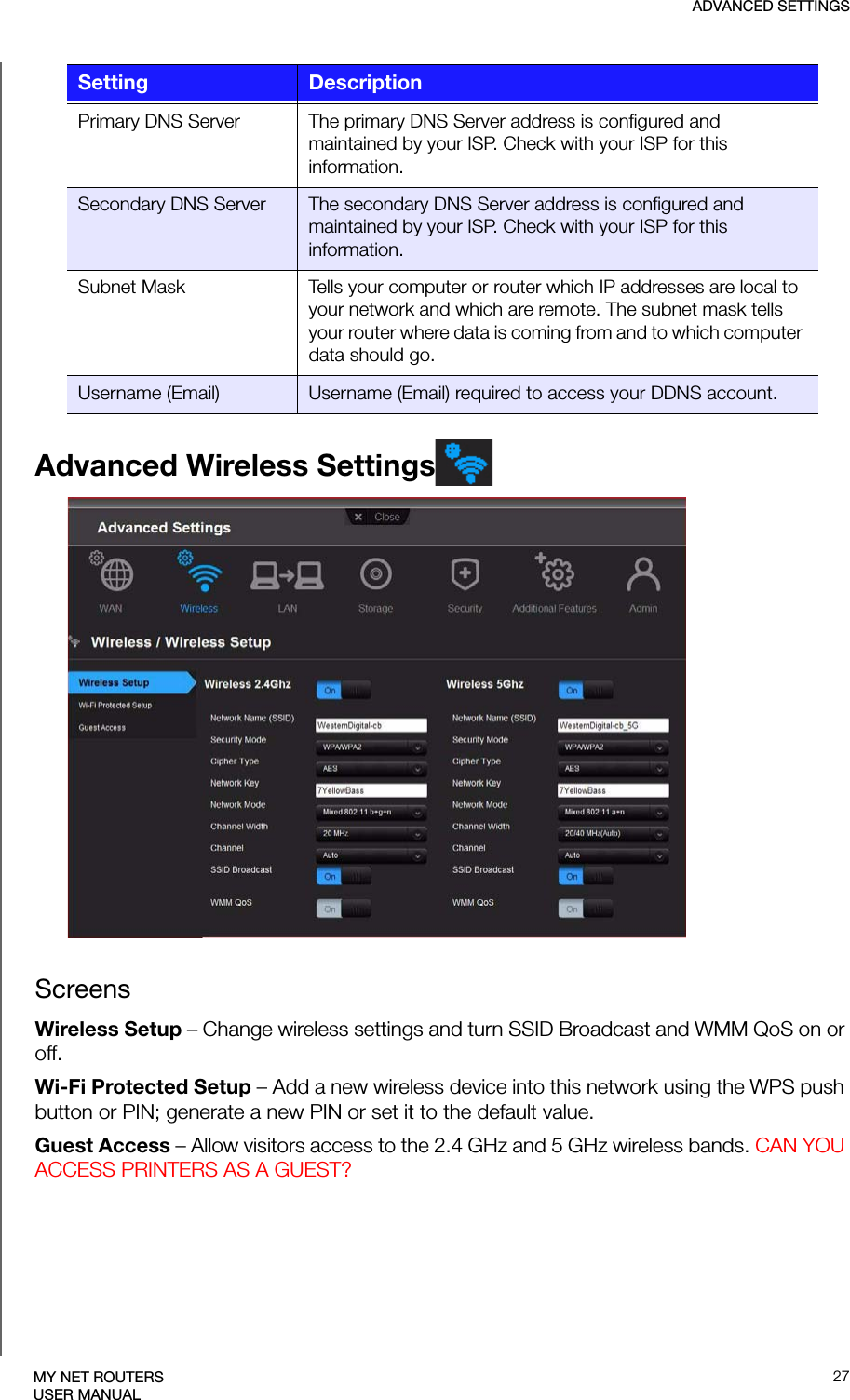 ADVANCED SETTINGS27MY NET ROUTERSUSER MANUALAdvanced Wireless SettingsScreensWireless Setup – Change wireless settings and turn SSID Broadcast and WMM QoS on or off.Wi-Fi Protected Setup – Add a new wireless device into this network using the WPS push button or PIN; generate a new PIN or set it to the default value. Guest Access – Allow visitors access to the 2.4 GHz and 5 GHz wireless bands. CAN YOU ACCESS PRINTERS AS A GUEST? Primary DNS Server The primary DNS Server address is configured and maintained by your ISP. Check with your ISP for this information.Secondary DNS Server The secondary DNS Server address is configured and maintained by your ISP. Check with your ISP for this information.Subnet Mask Tells your computer or router which IP addresses are local to your network and which are remote. The subnet mask tells your router where data is coming from and to which computer data should go.Username (Email) Username (Email) required to access your DDNS account.Setting Description