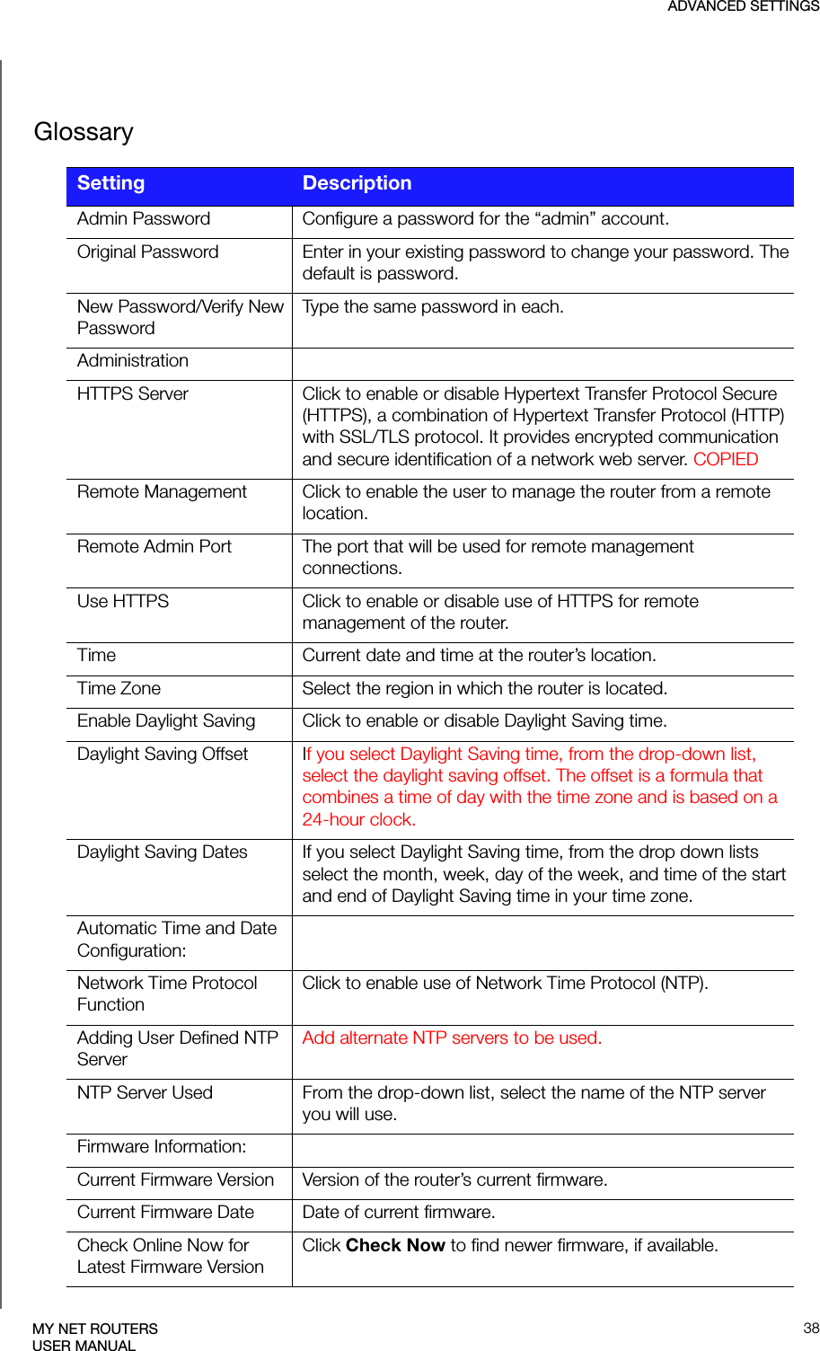 ADVANCED SETTINGS38MY NET ROUTERSUSER MANUALGlossarySetting DescriptionAdmin Password Configure a password for the “admin” account.Original Password Enter in your existing password to change your password. The default is password.New Password/Verify New PasswordType the same password in each.AdministrationHTTPS Server Click to enable or disable Hypertext Transfer Protocol Secure (HTTPS), a combination of Hypertext Transfer Protocol (HTTP) with SSL/TLS protocol. It provides encrypted communication and secure identification of a network web server. COPIEDRemote Management Click to enable the user to manage the router from a remote location.Remote Admin Port The port that will be used for remote management connections.Use HTTPS Click to enable or disable use of HTTPS for remote management of the router. Time Current date and time at the router’s location.Time Zone Select the region in which the router is located.Enable Daylight Saving Click to enable or disable Daylight Saving time.Daylight Saving Offset If you select Daylight Saving time, from the drop-down list, select the daylight saving offset. The offset is a formula that combines a time of day with the time zone and is based on a 24-hour clock.Daylight Saving Dates If you select Daylight Saving time, from the drop down lists select the month, week, day of the week, and time of the start and end of Daylight Saving time in your time zone.Automatic Time and Date Configuration:Network Time Protocol FunctionClick to enable use of Network Time Protocol (NTP).Adding User Defined NTP ServerAdd alternate NTP servers to be used.NTP Server Used From the drop-down list, select the name of the NTP server you will use.Firmware Information:Current Firmware Version Version of the router’s current firmware.Current Firmware Date Date of current firmware.Check Online Now for Latest Firmware VersionClick Check Now to find newer firmware, if available.