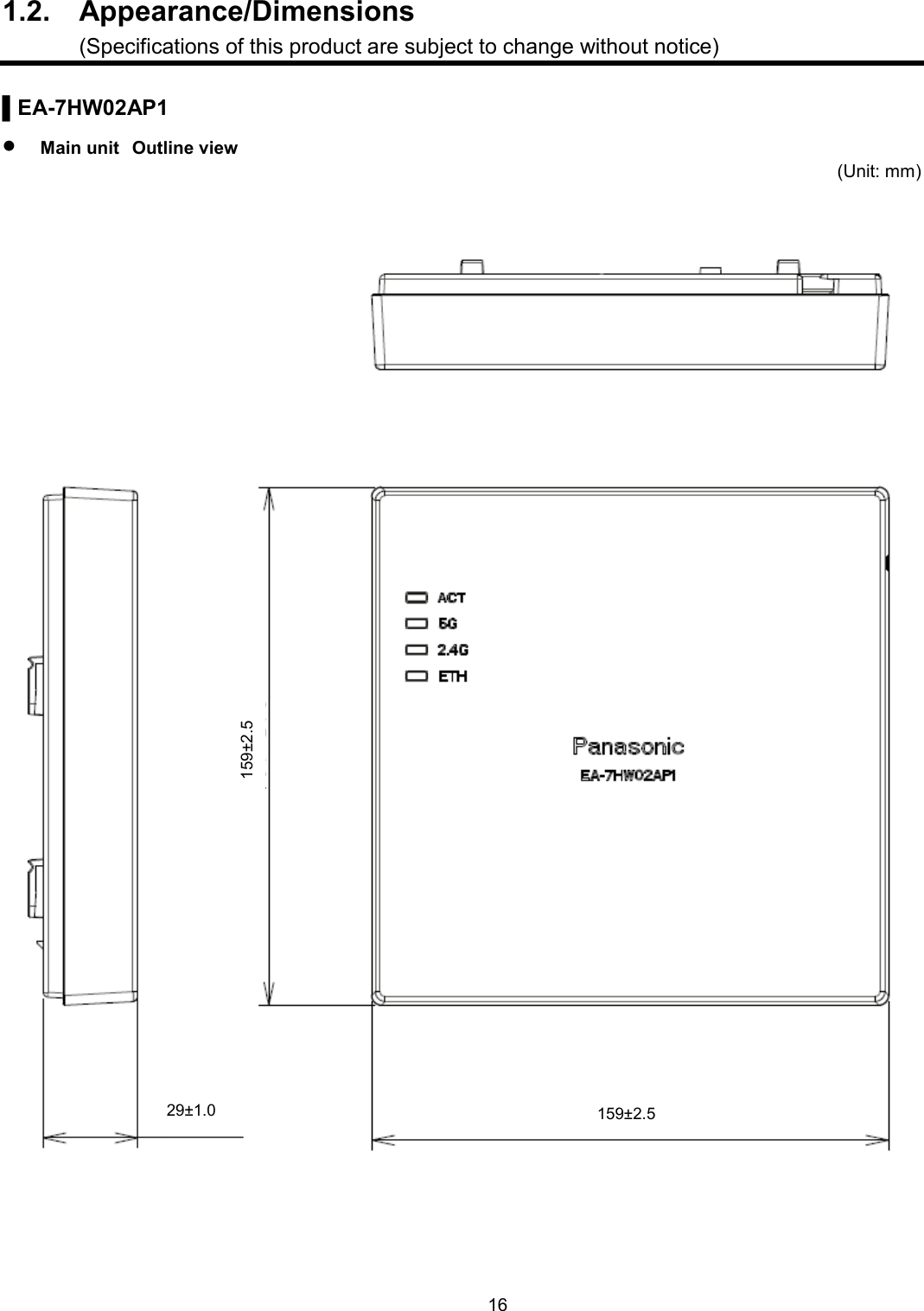    16  1.2.  Appearance/Dimensions (Specifications of this product are subject to change without notice)  ▌EA-7HW02AP1  Main unit  Outline view (Unit: mm)   29±1.0 159±2.5 159±2.5 