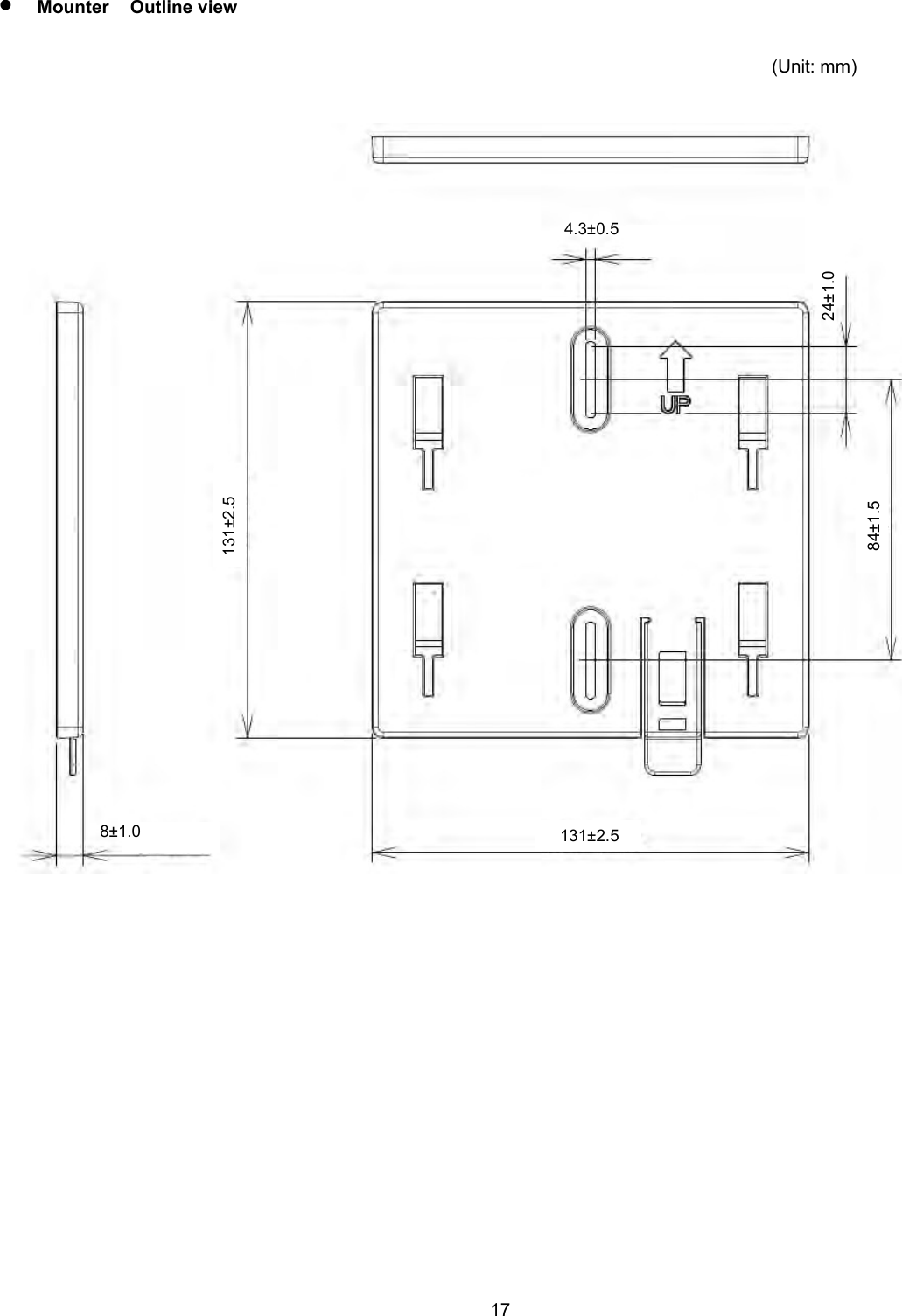    17   Mounter  Outline view    (Unit: mm) 24±1.0 84±1.5 4.3±0.5 131±2.5 8±1.0 131±2.5 