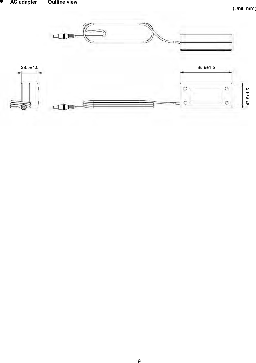    19   AC adapter  Outline view (Unit: mm)   95.9±1.5 28.5±1.0 43.8±1.5 