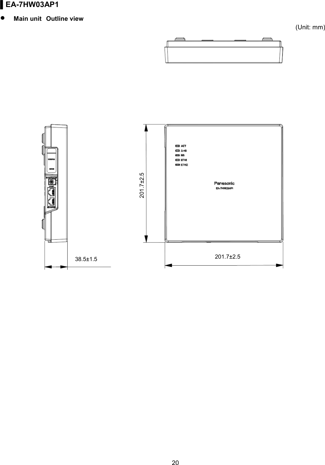    20  ▌EA-7HW03AP1  Main unit  Outline view (Unit: mm)   38.5±1.5  201.7±2.5  201.7±2.5 