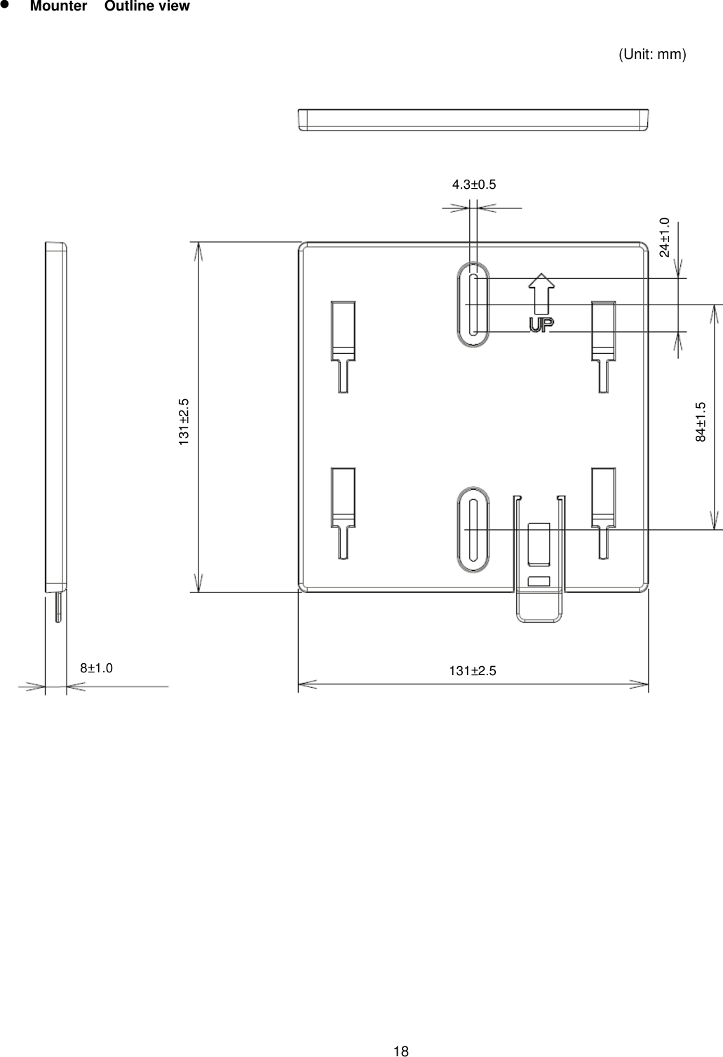    18   Mounter  Outline view    (Unit: mm) 24±1.0 84±1.5 4.3±0.5 131±2.5 8±1.0 131±2.5 