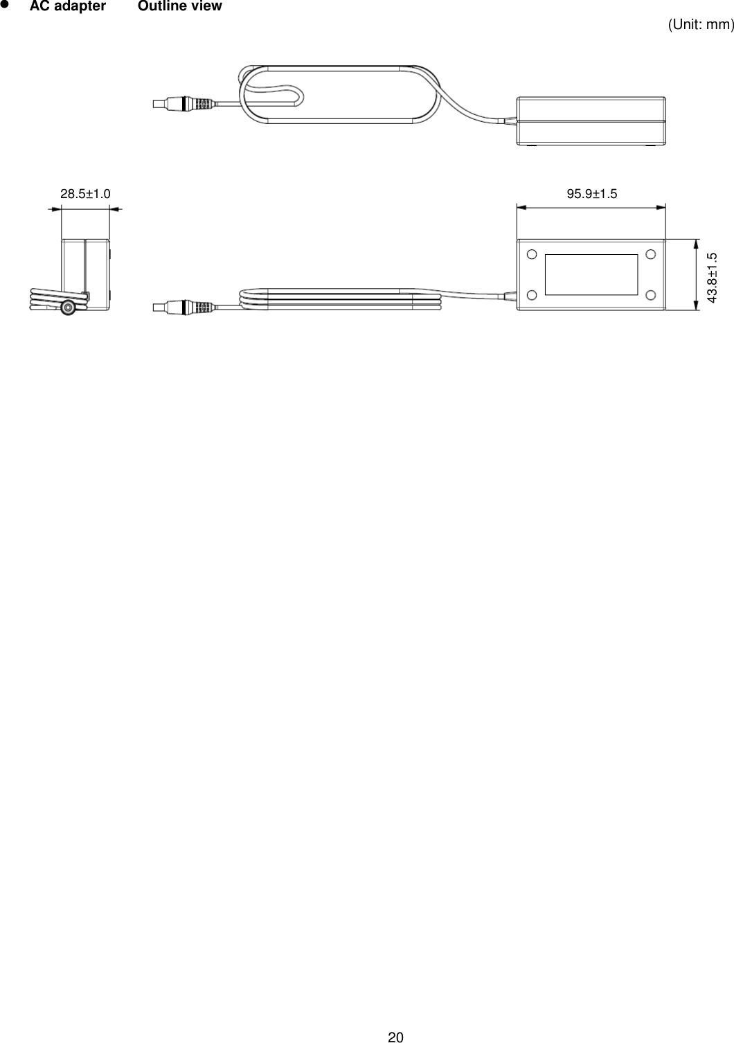    20   AC adapter  Outline view (Unit: mm)   95.9±1.5 28.5±1.0 43.8±1.5 