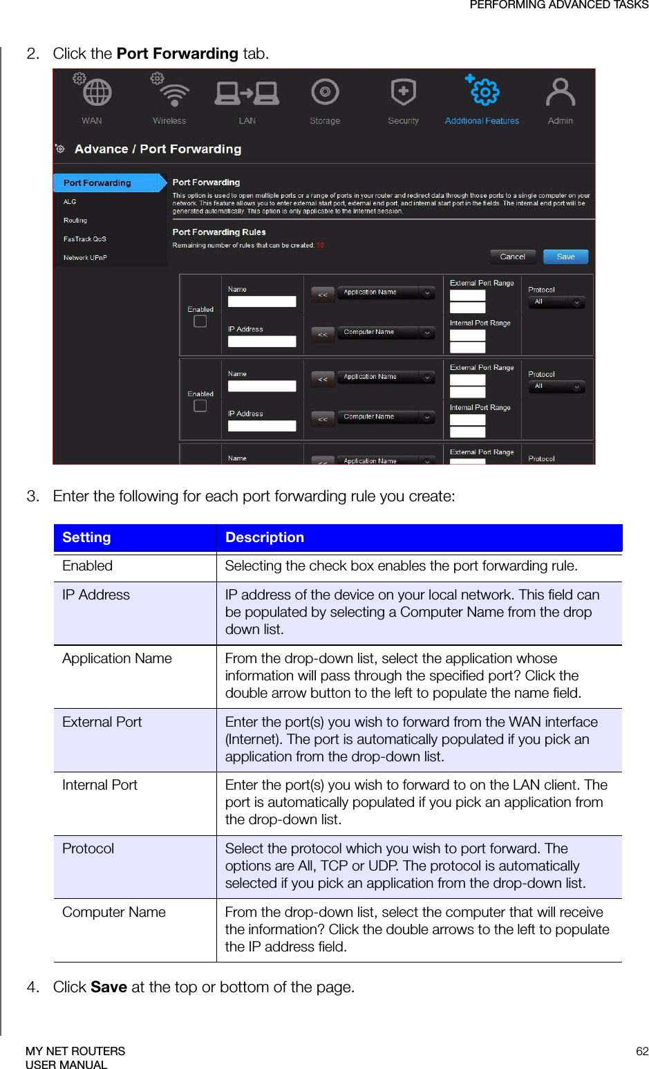 PERFORMING ADVANCED TASKS62MY NET ROUTERSUSER MANUAL2.   Click the Port Forwarding tab. 3.   Enter the following for each port forwarding rule you create:4.   Click Save at the top or bottom of the page.Setting DescriptionEnabled  Selecting the check box enables the port forwarding rule.IP Address IP address of the device on your local network. This field can be populated by selecting a Computer Name from the drop down list.Application Name From the drop-down list, select the application whose information will pass through the specified port? Click the double arrow button to the left to populate the name field.External Port Enter the port(s) you wish to forward from the WAN interface (Internet). The port is automatically populated if you pick an application from the drop-down list.Internal Port Enter the port(s) you wish to forward to on the LAN client. The port is automatically populated if you pick an application from the drop-down list.Protocol Select the protocol which you wish to port forward. The options are All, TCP or UDP. The protocol is automatically selected if you pick an application from the drop-down list.Computer Name From the drop-down list, select the computer that will receive the information? Click the double arrows to the left to populate the IP address field.