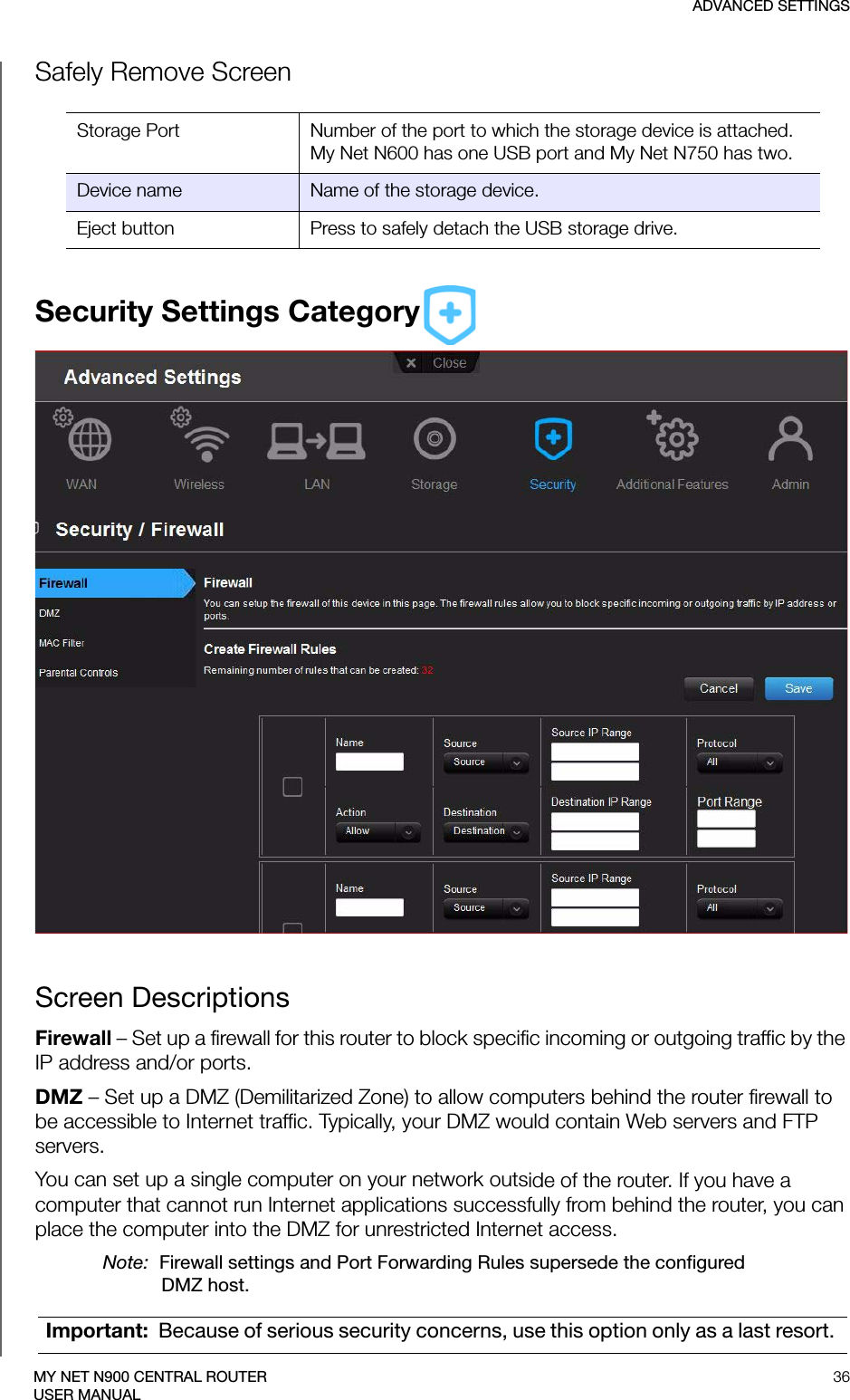 ADVANCED SETTINGS36MY NET N900 CENTRAL ROUTERUSER MANUALSafely Remove ScreenSecurity Settings CategoryScreen DescriptionsFirewall – Set up a firewall for this router to block specific incoming or outgoing traffic by the IP address and/or ports.DMZ – Set up a DMZ (Demilitarized Zone) to allow computers behind the router firewall to be accessible to Internet traffic. Typically, your DMZ would contain Web servers and FTP servers.You can set up a single computer on your network outside of the router. If you have a computer that cannot run Internet applications successfully from behind the router, you can place the computer into the DMZ for unrestricted Internet access.Note:  Firewall settings and Port Forwarding Rules supersede the configured DMZ host.Storage Port Number of the port to which the storage device is attached. My Net N600 has one USB port and My Net N750 has two.Device name Name of the storage device.Eject button Press to safely detach the USB storage drive.Important:  Because of serious security concerns, use this option only as a last resort. 