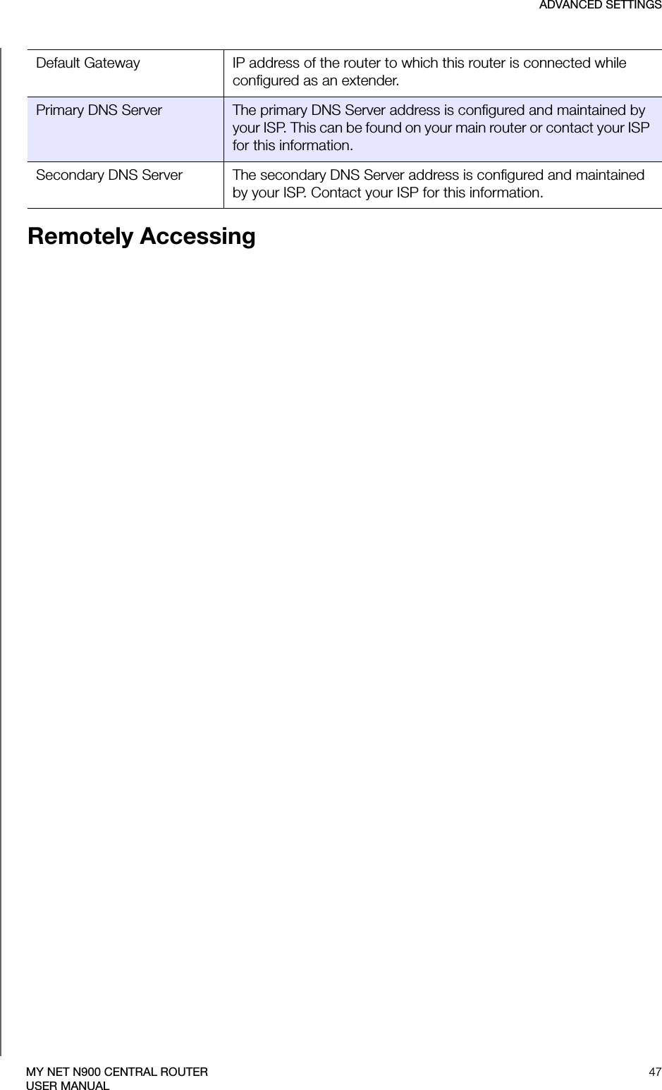 ADVANCED SETTINGS47MY NET N900 CENTRAL ROUTERUSER MANUALRemotely AccessingDefault Gateway IP address of the router to which this router is connected while configured as an extender.Primary DNS Server The primary DNS Server address is configured and maintained by your ISP. This can be found on your main router or contact your ISP for this information.Secondary DNS Server The secondary DNS Server address is configured and maintained by your ISP. Contact your ISP for this information.