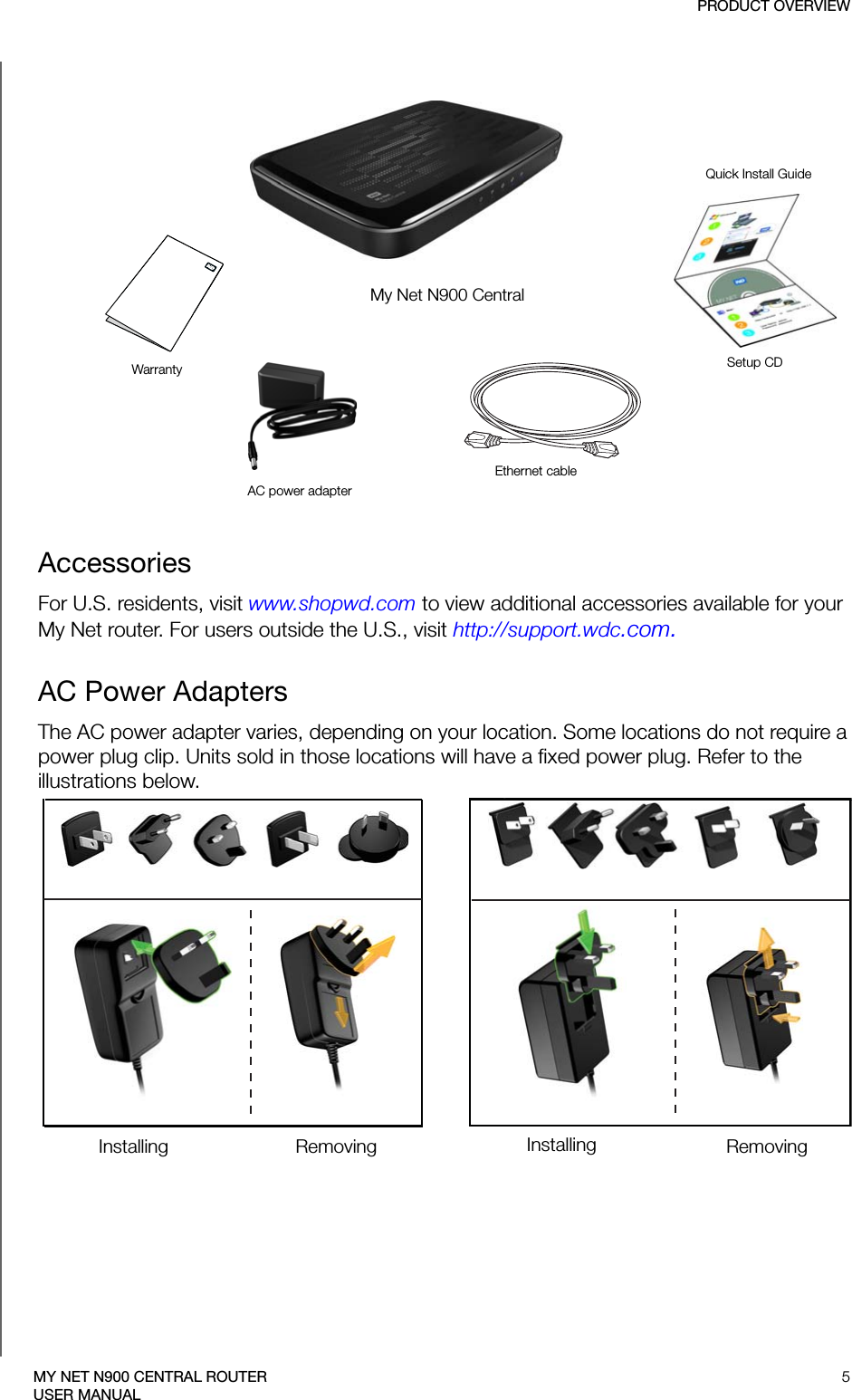 My Net N900 CentralAC power adapterEthernet cableWarrantyQuick Install GuideSetup CDPRODUCT OVERVIEW5MY NET N900 CENTRAL ROUTERUSER MANUALAccessories For U.S. residents, visit www.shopwd.com to view additional accessories available for your My Net router. For users outside the U.S., visit http://support.wdc.com.AC Power AdaptersThe AC power adapter varies, depending on your location. Some locations do not require a power plug clip. Units sold in those locations will have a fixed power plug. Refer to the illustrations below.EU/KO EU/KOUS/JA/TW US/JA/TWInstalling InstallingRemoving Removing