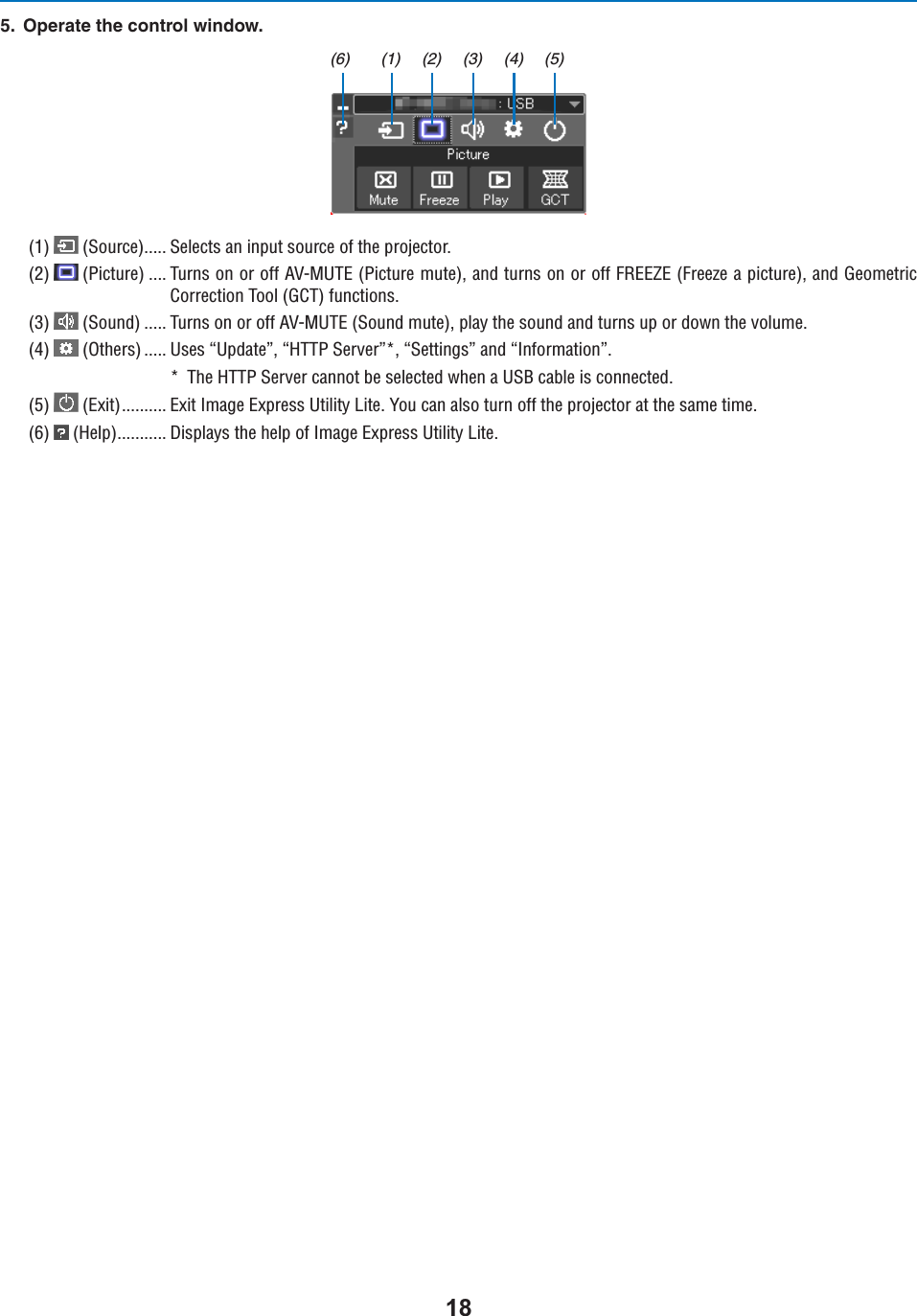  /PERATETHECONTROLWINDOW(1)  (Source)..... Selects an input source of the projector.(2)  (Picture) .... Turns on or off AV-MUTE (Picture mute), and turns on or off FREEZE (Freeze a picture), and Geometric Correction Tool (GCT) functions.(3)  (Sound) ..... Turns on or off AV-MUTE (Sound mute), play the sound and turns up or down the volume.(4)  (Others) ..... Uses “Update”, “HTTP Server”*, “Settings” and “Information”.* The HTTP Server cannot be selected when a USB cable is connected.(5)  (Exit).......... Exit Image Express Utility Lite. You can also turn off the projector at the same time.(6)  (Help)........... Displays the help of Image Express Utility Lite.(1) (2) (3) (4) (5)(6)