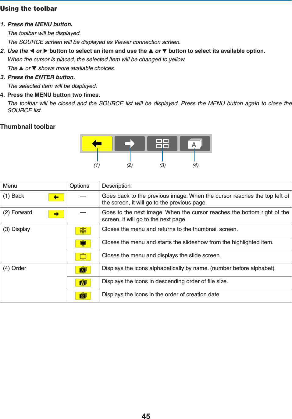 Using the toolbar1. Press the MENU button.The toolbar will be displayed.The SOURCE screen will be displayed as Viewer connection screen.2. Use the  or BUTTONTOSELECTANITEMANDUSETHE or BUTTONTOSELECTITSAVAILABLEOPTIONWhen the cursor is placed, the selected item will be changed to yellow.The  or  shows more available choices.3. Press the ENTER button.The selected item will be displayed. 0RESSTHE-%.5BUTTONTWOTIMESThe toolbar will be closed and the SOURCE list will be displayed. Press the MENU button again to close theSOURCE list.4HUMBNAILTOOLBARMenu /PTIONS $ESCRIPTION&quot;ACK —&apos;OESBACKTOTHEPREVIOUSIMAGE7HENTHECURSORREACHESTHETOPLEFTOFTHESCREENITWILLGOTOTHEPREVIOUSPAGE&amp;ORWARD —&apos;OESTOTHENEXTIMAGE7HENTHECURSORREACHESTHEBOTTOMRIGHTOFTHESCREENITWILLGOTOTHENEXTPAGE$ISPLAY #LOSESTHEMENUANDRETURNSTOTHETHUMBNAILSCREEN#LOSESTHEMENUANDSTARTSTHESLIDESHOWFROMTHEHIGHLIGHTEDITEM#LOSESTHEMENUANDDISPLAYSTHESLIDESCREEN/RDER $ISPLAYSTHEICONSALPHABETICALLYBYNAMENUMBERBEFOREALPHABET$ISPLAYSTHEICONSINDESCENDINGORDEROFlLESIZE$ISPLAYSTHEICONSINTHEORDEROFCREATIONDATE(1) (2) (3) (4)
