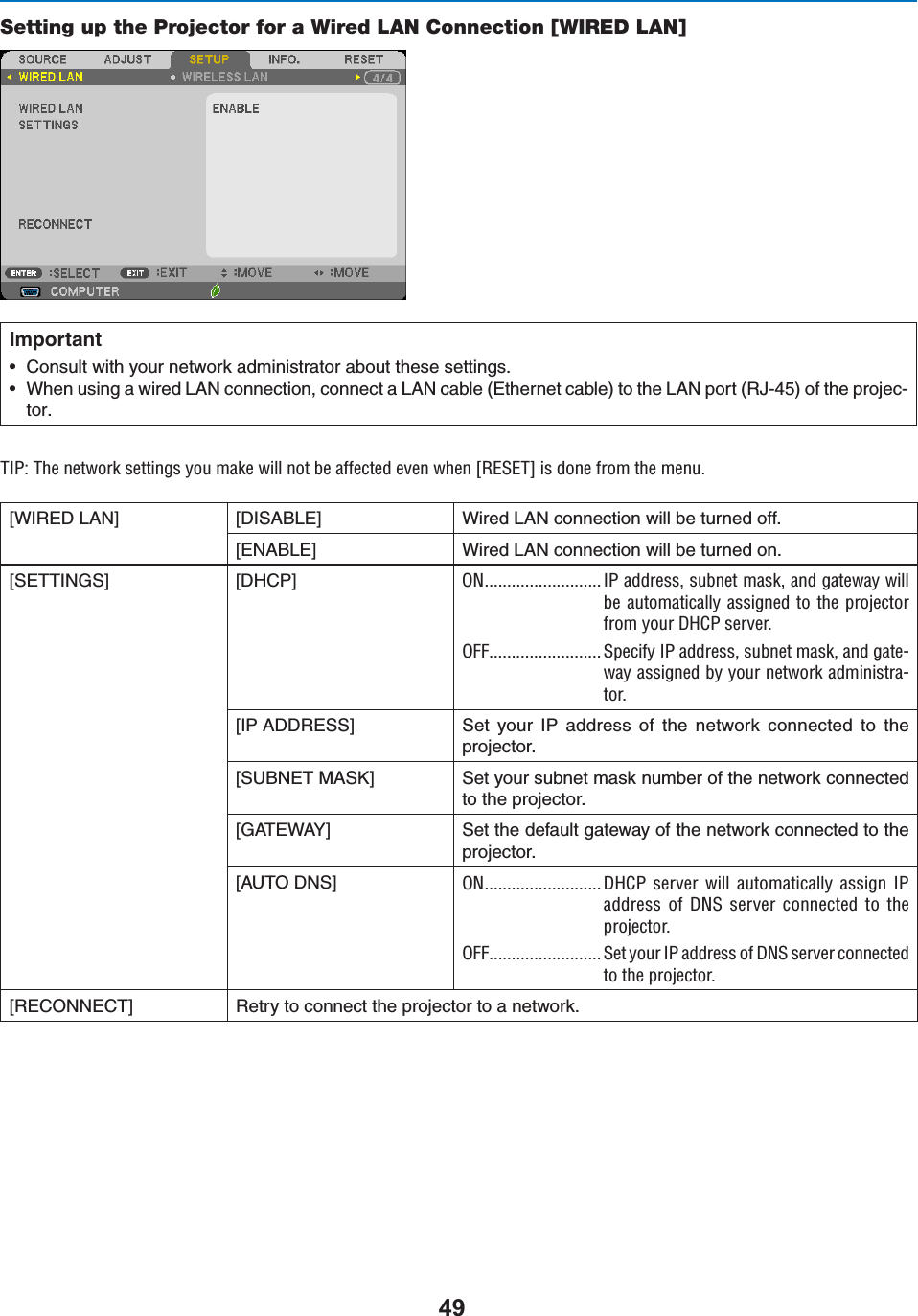 Setting up the Projector for a Wired LAN Connection [WIRED LAN]Importants #ONSULTWITHYOURNETWORKADMINISTRATORABOUTTHESESETTINGSs 7HENUSINGAWIRED,!.CONNECTIONCONNECTA,!.CABLE%THERNETCABLETOTHE,!.PORT2*OFTHEPROJEC-TOR/*\Ê/iÊiÌÜÀÊÃiÌÌ}ÃÊÞÕÊ&gt;iÊÜÊÌÊLiÊ&gt;vviVÌi`ÊiÛiÊÜiÊQ,-/RÊÃÊ`iÊvÀÊÌiÊiÕ°;7)2%$,!.= ;$)3!&quot;,%= 7IRED,!.CONNECTIONWILLBETURNEDOFF;%.!&quot;,%= 7IRED,!.CONNECTIONWILLBETURNEDON;3%44).&apos;3= ;$(#0= ON.......................... IP address, subnet mask, and gateway will be automatically assigned to the projector from your DHCP server.OFF......................... Specify IP address, subnet mask, and gate-way assigned by your network administra-tor.;)0!$$2%33= 3ET YOUR )0 ADDRESS OF THE NETWORK CONNECTED TO THEPROJECTOR;35&quot;.%4-!3+= 3ETYOURSUBNETMASKNUMBEROFTHENETWORKCONNECTEDTOTHEPROJECTOR;&apos;!4%7!9= 3ETTHEDEFAULTGATEWAYOFTHENETWORKCONNECTEDTOTHEPROJECTOR;!54/$.3= ON.......................... DHCP server will automatically assign IP address of DNS server connected to the projector.OFF......................... Set your IP address of DNS server connected to the projector.;2%#/..%#4= 2ETRYTOCONNECTTHEPROJECTORTOANETWORK