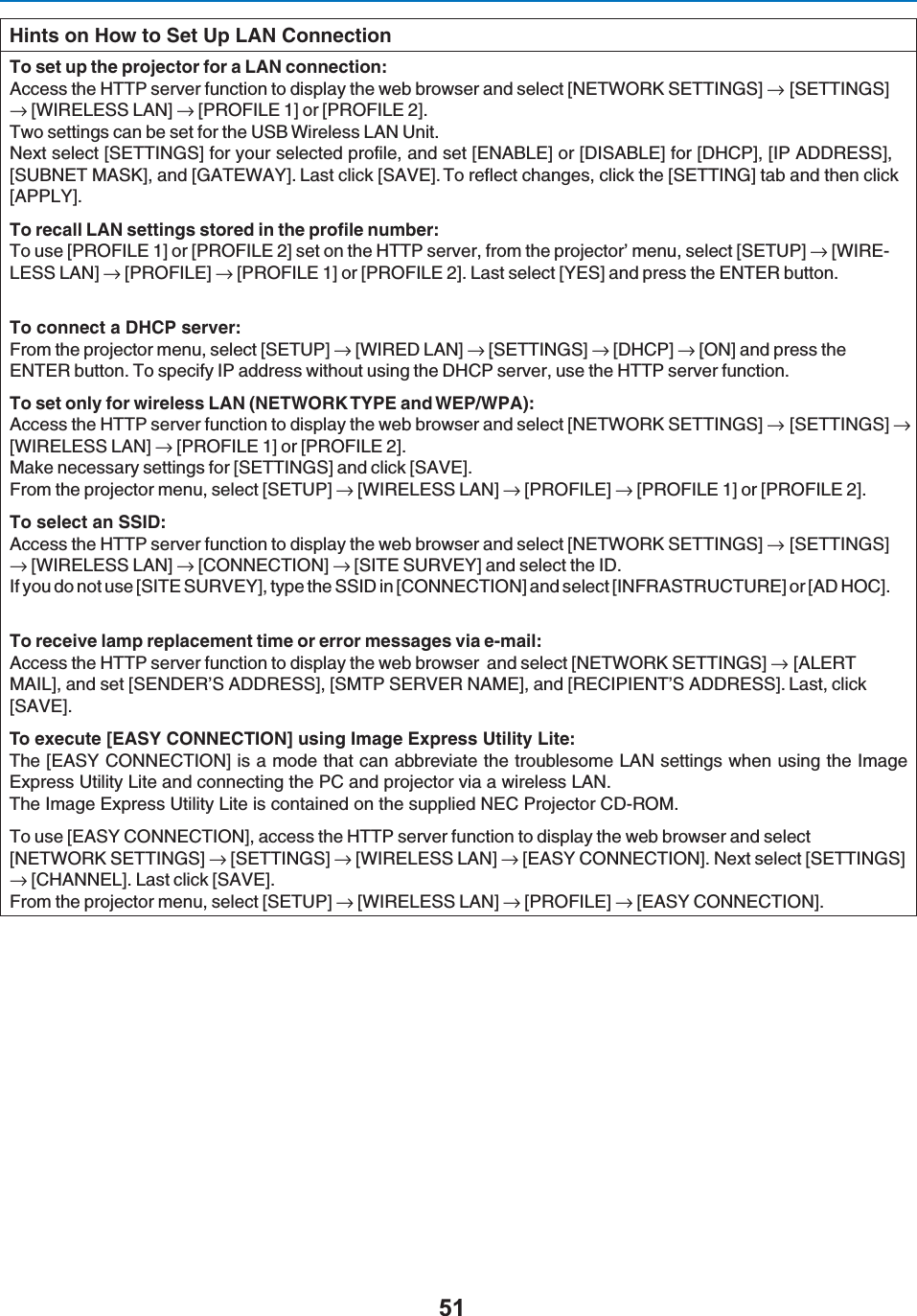 Hints on How to Set Up LAN Connection4OSETUPTHEPROJECTORFORA,!.CONNECTION!CCESSTHE(440SERVERFUNCTIONTODISPLAYTHEWEBBROWSERANDSELECT;.%47/2+3%44).&apos;3=n;3%44).&apos;3=n;7)2%,%33,!.=n;02/&amp;),%=OR;02/&amp;),%=4WOSETTINGSCANBESETFORTHE53&quot;7IRELESS,!.5NIT.EXTSELECT;3%44).&apos;3=FORYOURSELECTEDPROFILEANDSET;%.!&quot;,%=OR;$)3!&quot;,%=FOR;$(#0=;)0!$$2%33=;35&quot;.%4-!3+=AND;&apos;!4%7!9=,ASTCLICK;3!6%=4OREFLECTCHANGESCLICKTHE;3%44).&apos;=TABANDTHENCLICK;!00,9=4ORECALL,!.SETTINGSSTOREDINTHEPROFILENUMBER4OUSE;02/&amp;),%=OR;02/&amp;),%=SETONTHE(440SERVERFROMTHEPROJECTORMENUSELECT;3%450=n;7)2%-,%33,!.=n;02/&amp;),%=n;02/&amp;),%=OR;02/&amp;),%=,ASTSELECT;9%3=ANDPRESSTHE%.4%2BUTTONTo connect a DHCP server:&amp;ROMTHEPROJECTORMENUSELECT;3%450=n;7)2%$,!.=n;3%44).&apos;3=n;$(#0=n;/.=ANDPRESSTHE%.4%2BUTTON4OSPECIFY)0ADDRESSWITHOUTUSINGTHE$(#0SERVERUSETHE(440SERVERFUNCTION4OSETONLYFORWIRELESS ,!..%47/2+490%AND 7%070!!CCESSTHE(440SERVERFUNCTIONTODISPLAYTHEWEBBROWSERANDSELECT;.%47/2+3%44).&apos;3=n;3%44).&apos;3=n;7)2%,%33,!.= n;02/&amp;),%=OR;02/&amp;),%=-AKENECESSARYSETTINGSFOR;3%44).&apos;3=AND CLICK;3!6%=&amp;ROMTHEPROJECTORMENUSELECT;3%450= n;7)2%,%33,!.= n;02/&amp;),%=n;02/&amp;),%=OR;02/&amp;),%=To select an SSID:!CCESSTHE(440SERVERFUNCTIONTODISPLAYTHEWEBBROWSERANDSELECT;.%47/2+3%44).&apos;3=n;3%44).&apos;3=n;7)2%,%33,!.=n;#/..%#4)/.=n;3)4%3526%9=ANDSELECTTHE)$)FYOUDONOTUSE;3)4%3526%9=TYPETHE33)$IN;#/..%#4)/.=ANDSELECT;).&amp;2!3425#452%=OR;!$(/#=4ORECEIVELAMPREPLACEMENTTIMEORERRORMESSAGESVIAEMAIL!CCESSTHE(440SERVERFUNCTIONTODISPLAYTHEWEBBROWSERANDSELECT;.%47/2+3%44).&apos;3=n;!,%24-!),=ANDSET;3%.$%23!$$2%33=;3-403%26%2.!-%=AND;2%#)0)%.43!$$2%33=,ASTCLICK;3!6%=4OEXECUTE;%!39#/..%#4)/.=USING)MAGE%XPRESS5TILITY,ITE4HE;%!39#/..%#4)/.=ISAMODETHATCANABBREVIATETHETROUBLESOME,!.SETTINGSWHENUSINGTHE)MAGE%XPRESS5TILITY,ITEANDCONNECTINGTHE0#ANDPROJECTORVIAAWIRELESS,!.4HE)MAGE%XPRESS5TILITY,ITEISCONTAINEDONTHESUPPLIED.%#0ROJECTOR#$2/-4OUSE;%!39#/..%#4)/.=ACCESSTHE(440SERVERFUNCTIONTODISPLAYTHEWEBBROWSERANDSELECT;.%47/2+3%44).&apos;3=n;3%44).&apos;3=n;7)2%,%33,!.=n;%!39#/..%#4)/.=.EXTSELECT;3%44).&apos;3=n;#(!..%,=,ASTCLICK;3!6%=&amp;ROMTHEPROJECTORMENU SELECT;3%450=n;7)2%,%33,!.= n;02/&amp;),%=n;%!39#/..%#4)/.=