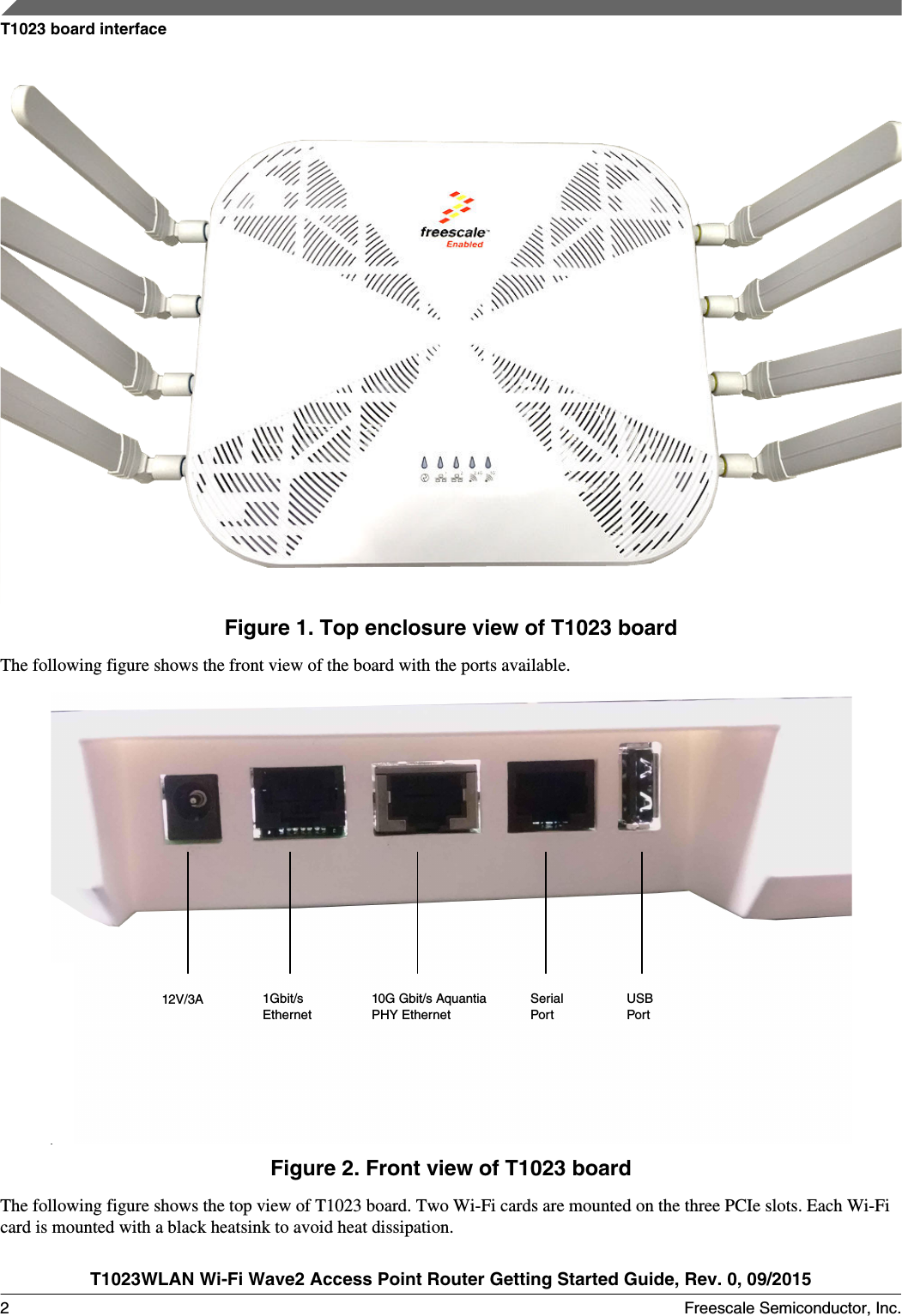 Figure 1. Top enclosure view of T1023 boardThe following figure shows the front view of the board with the ports available.12V/3A 1Gbit/s Ethernet10G Gbit/s AquantiaPHY EthernetSerialPortUSBPortFigure 2. Front view of T1023 boardThe following figure shows the top view of T1023 board. Two Wi-Fi cards are mounted on the three PCIe slots. Each Wi-Ficard is mounted with a black heatsink to avoid heat dissipation.T1023 board interfaceT1023WLAN Wi-Fi Wave2 Access Point Router Getting Started Guide, Rev. 0, 09/20152 Freescale Semiconductor, Inc.