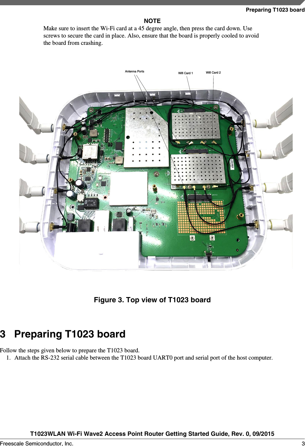 NOTEMake sure to insert the Wi-Fi card at a 45 degree angle, then press the card down. Usescrews to secure the card in place. Also, ensure that the board is properly cooled to avoidthe board from crashing.Antenna Ports Wifi Card 1 Wifi Card 2Figure 3. Top view of T1023 board3Preparing T1023 boardFollow the steps given below to prepare the T1023 board.1. Attach the RS-232 serial cable between the T1023 board UART0 port and serial port of the host computer.Preparing T1023 boardT1023WLAN Wi-Fi Wave2 Access Point Router Getting Started Guide, Rev. 0, 09/2015Freescale Semiconductor, Inc. 3