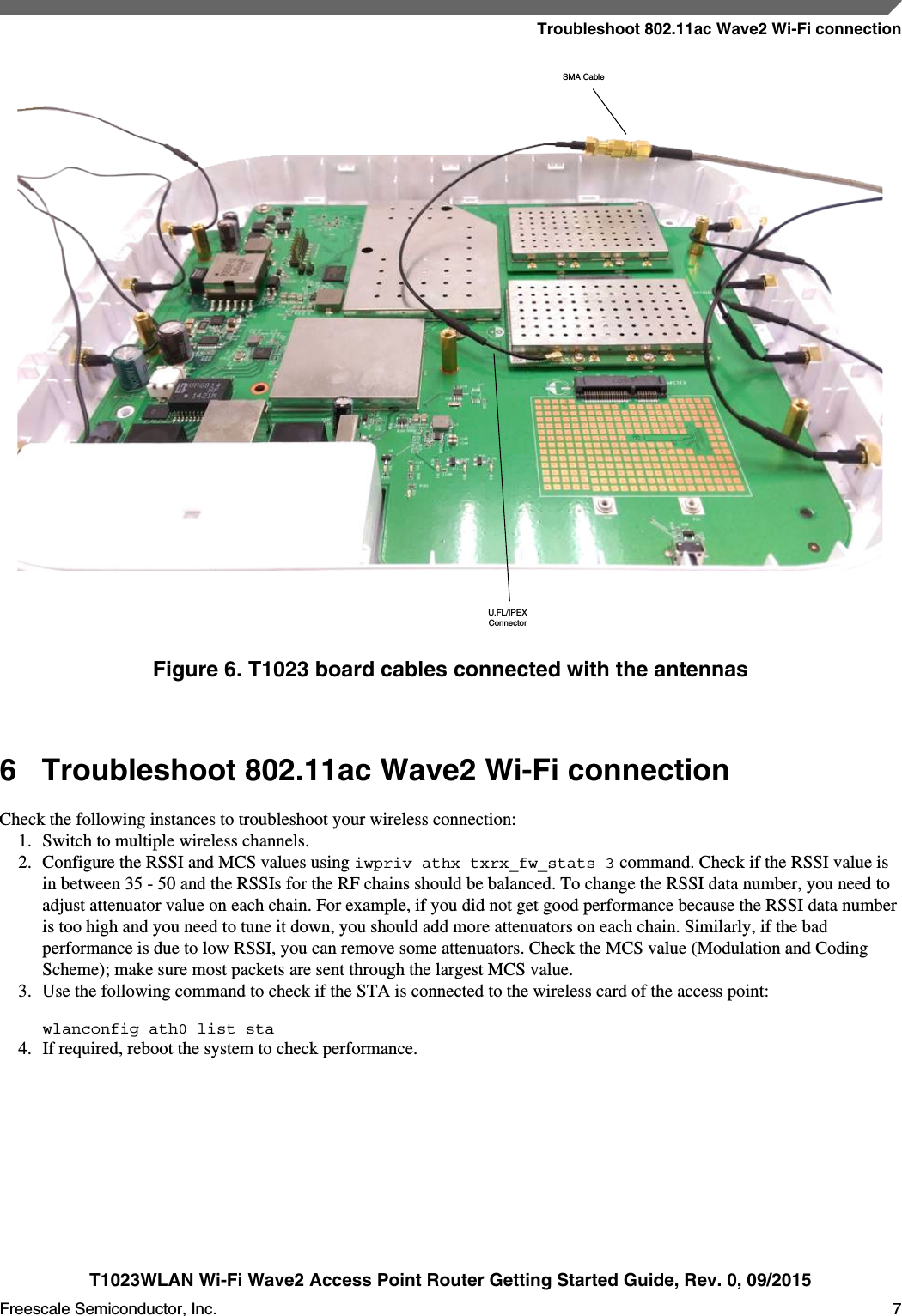 SMA Cable U.FL/IPEXConnectorFigure 6. T1023 board cables connected with the antennas6Troubleshoot 802.11ac Wave2 Wi-Fi connectionCheck the following instances to troubleshoot your wireless connection:1. Switch to multiple wireless channels.2. Configure the RSSI and MCS values using iwpriv athx txrx_fw_stats 3 command. Check if the RSSI value isin between 35 - 50 and the RSSIs for the RF chains should be balanced. To change the RSSI data number, you need toadjust attenuator value on each chain. For example, if you did not get good performance because the RSSI data numberis too high and you need to tune it down, you should add more attenuators on each chain. Similarly, if the badperformance is due to low RSSI, you can remove some attenuators. Check the MCS value (Modulation and CodingScheme); make sure most packets are sent through the largest MCS value.3. Use the following command to check if the STA is connected to the wireless card of the access point:wlanconfig ath0 list sta 4. If required, reboot the system to check performance.Troubleshoot 802.11ac Wave2 Wi-Fi connectionT1023WLAN Wi-Fi Wave2 Access Point Router Getting Started Guide, Rev. 0, 09/2015Freescale Semiconductor, Inc. 7