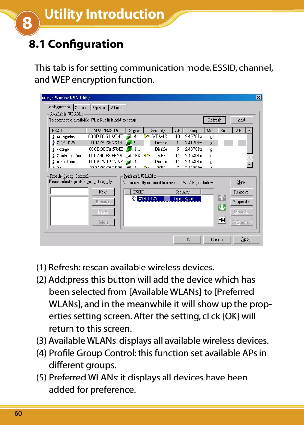 WLUSB2GS Manual6060608.1 ConﬁgurationThis tab is for setting communication mode, ESSID, channel, and WEP encryption function.(1) Refresh: rescan available wireless devices.(2) Add:press this button will add the device which has been selected from [Available WLANs] to [Preferred WLANs], and in the meanwhile it will show up the prop-erties setting screen. After the setting, click [OK] will return to this screen.(3) Available WLANs: displays all available wireless devices.(4) Proﬁle Group Control: this function set available APs in different groups.(5) Preferred WLANs: it displays all devices have been added for preference. 8Utility Introduction