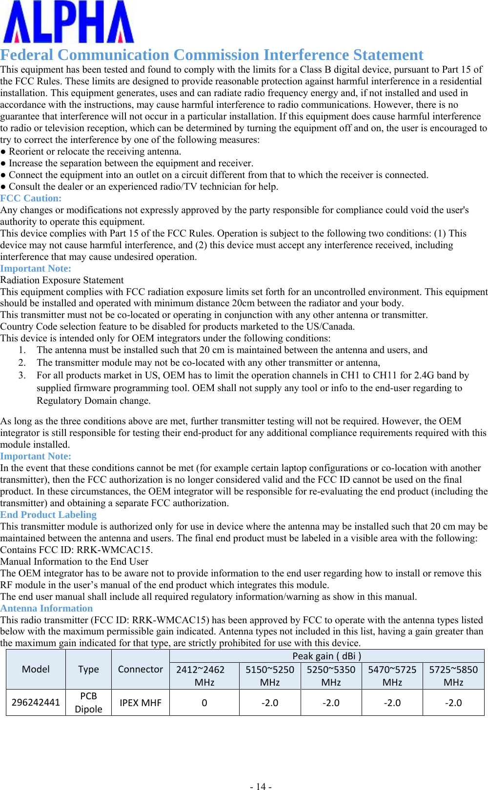 -14 -Federal Communication Commission Interference Statement This equipment has been tested and found to comply with the limits for a Class B digital device, pursuant to Part 15 of the FCC Rules. These limits are designed to provide reasonable protection against harmful interference in a residential installation. This equipment generates, uses and can radiate radio frequency energy and, if not installed and used in accordance with the instructions, may cause harmful interference to radio communications. However, there is no guarantee that interference will not occur in a particular installation. If this equipment does cause harmful interference to radio or television reception, which can be determined by turning the equipment off and on, the user is encouraged to try to correct the interference by one of the following measures: ●Reorient or relocate the receiving antenna.●Increase the separation between the equipment and receiver.●Connect the equipment into an outlet on a circuit different from that to which the receiver is connected.●Consult the dealer or an experienced radio/TV technician for help.FCC Caution:Any changes or modifications not expressly approved by the party responsible for compliance could void the user&apos;sauthority to operate this equipment.This device complies with Part 15 of the FCC Rules. Operation is subject to the following two conditions: (1) Thisdevice may not cause harmful interference, and (2) this device must accept any interference received, includinginterference that may cause undesired operation.Important Note:Radiation Exposure StatementThis equipment complies with FCC radiation exposure limits set forth for an uncontrolled environment. This equipmentshould be installed and operated with minimum distance 20cm between the radiator and your body.This transmitter must not be co-located or operating in conjunction with any other antenna or transmitter.Country Code selection feature to be disabled for products marketed to the US/Canada.This device is intended only for OEM integrators under the following conditions:1. The antenna must be installed such that 20 cm is maintained between the antenna and users, and2. The transmitter module may not be co-located with any other transmitter or antenna,3. For all products market in US, OEM has to limit the operation channels in CH1 to CH11 for 2.4G band bysupplied firmware programming tool. OEM shall not supply any tool or info to the end-user regarding toRegulatory Domain change.As long as the three conditions above are met, further transmitter testing will not be required. However, the OEM integrator is still responsible for testing their end-product for any additional compliance requirements required with this module installed. Important Note: In the event that these conditions cannot be met (for example certain laptop configurations or co-location with another transmitter), then the FCC authorization is no longer considered valid and the FCC ID cannot be used on the final product. In these circumstances, the OEM integrator will be responsible for re-evaluating the end product (including the transmitter) and obtaining a separate FCC authorization. End Product Labeling This transmitter module is authorized only for use in device where the antenna may be installed such that 20 cm may be maintained between the antenna and users. The final end product must be labeled in a visible area with the following: Contains FCC ID: RRK-WMCAC15. Manual Information to the End User The OEM integrator has to be aware not to provide information to the end user regarding how to install or remove this RF module in the user’s manual of the end product which integrates this module. The end user manual shall include all required regulatory information/warning as show in this manual. Antenna Information This radio transmitter (FCC ID: RRK-WMCAC15) has been approved by FCC to operate with the antenna types listed below with the maximum permissible gain indicated. Antenna types not included in this list, having a gain greater than the maximum gain indicated for that type, are strictly prohibited for use with this device. ModelTypeConnectorPeakgain(dBi)2412~2462MHz5150~5250MHz5250~5350MHz5470~5725MHz5725~5850MHz296242441PCBDipoleIPEXMHF0‐2.0 ‐2.0 ‐2.0 ‐2.0