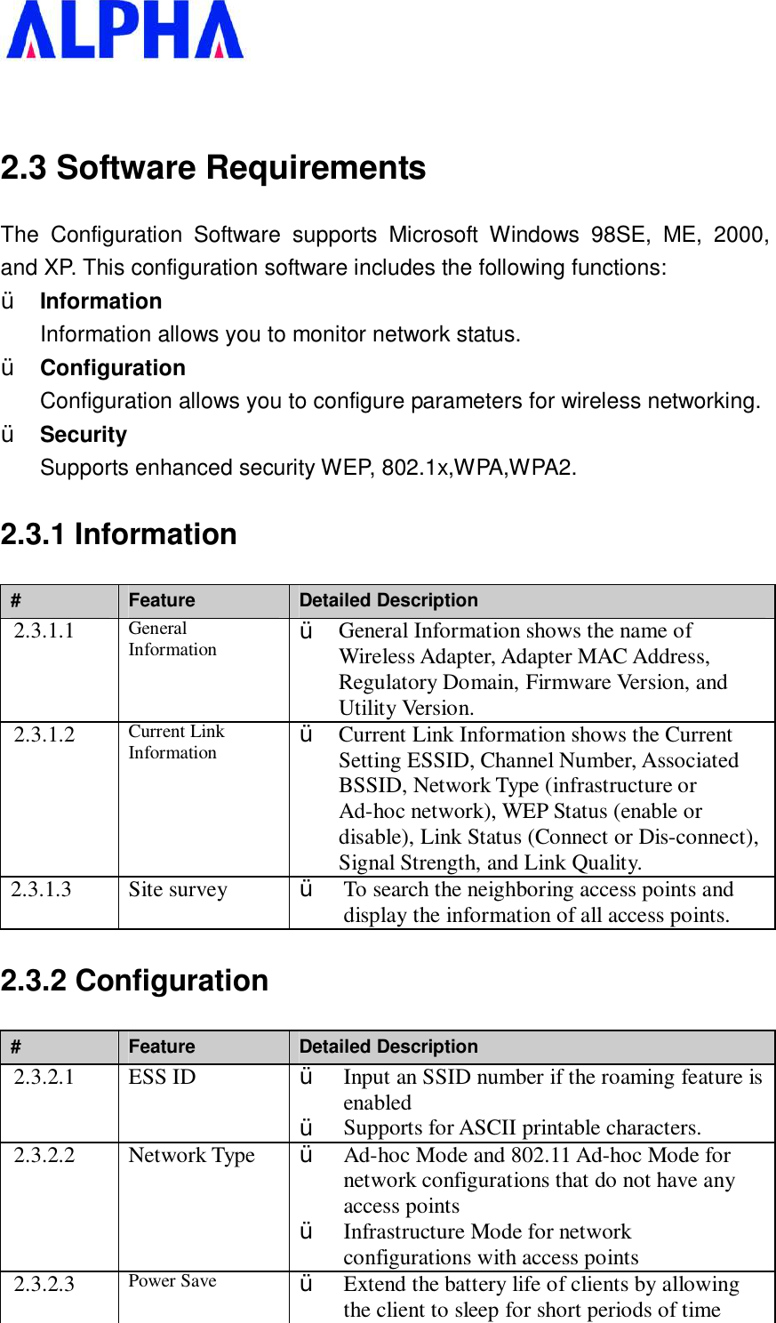    2.3 Software Requirements The Configuration Software supports Microsoft Windows 98SE, ME, 2000, and XP. This configuration software includes the following functions: Ÿ  Information Information allows you to monitor network status. Ÿ  Configuration Configuration allows you to configure parameters for wireless networking. Ÿ  Security Supports enhanced security WEP, 802.1x,WPA,WPA2. 2.3.1 Information #  Feature  Detailed Description 2.3.1.1  General Information  Ÿ  General Information shows the name of Wireless Adapter, Adapter MAC Address, Regulatory Domain, Firmware Version, and Utility Version. 2.3.1.2  Current Link Information  Ÿ  Current Link Information shows the Current Setting ESSID, Channel Number, Associated BSSID, Network Type (infrastructure or Ad-hoc network), WEP Status (enable or disable), Link Status (Connect or Dis-connect), Signal Strength, and Link Quality. 2.3.1.3  Site survey  Ÿ  To search the neighboring access points and display the information of all access points. 2.3.2 Configuration #  Feature  Detailed Description 2.3.2.1  ESS ID  Ÿ  Input an SSID number if the roaming feature is enabled Ÿ  Supports for ASCII printable characters. 2.3.2.2  Network Type  Ÿ  Ad-hoc Mode and 802.11 Ad-hoc Mode for network configurations that do not have any access points Ÿ  Infrastructure Mode for network configurations with access points 2.3.2.3  Power Save  Ÿ  Extend the battery life of clients by allowing the client to sleep for short periods of time 