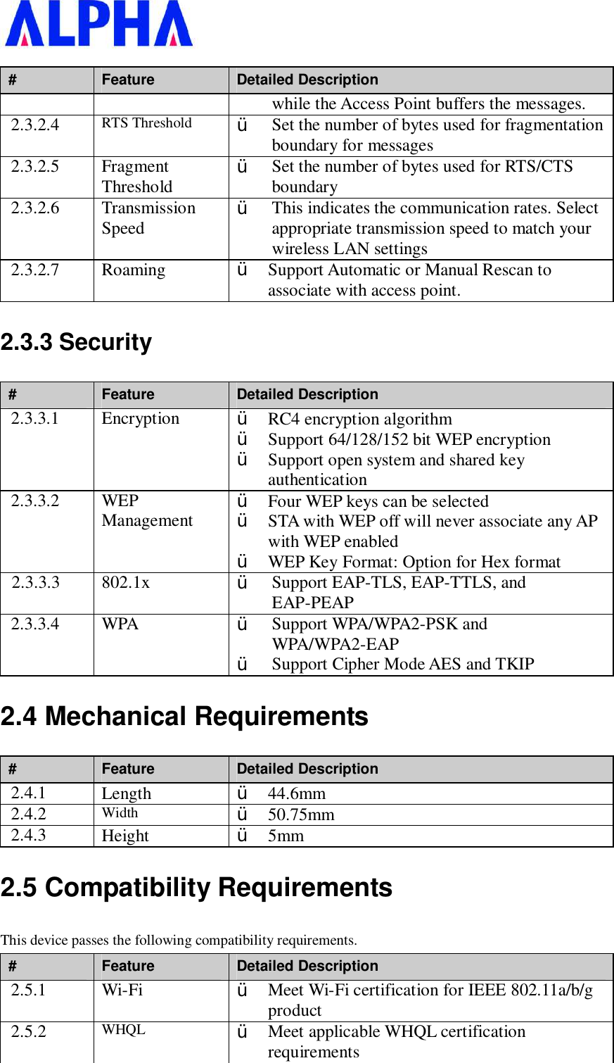   #  Feature  Detailed Description while the Access Point buffers the messages. 2.3.2.4  RTS Threshold  Ÿ  Set the number of bytes used for fragmentation boundary for messages 2.3.2.5  Fragment Threshold  Ÿ  Set the number of bytes used for RTS/CTS boundary 2.3.2.6  Transmission Speed  Ÿ  This indicates the communication rates. Select appropriate transmission speed to match your wireless LAN settings 2.3.2.7  Roaming  Ÿ  Support Automatic or Manual Rescan to associate with access point. 2.3.3 Security #  Feature  Detailed Description 2.3.3.1  Encryption  Ÿ  RC4 encryption algorithm Ÿ  Support 64/128/152 bit WEP encryption Ÿ  Support open system and shared key authentication 2.3.3.2  WEP Management  Ÿ  Four WEP keys can be selected Ÿ  STA with WEP off will never associate any AP with WEP enabled Ÿ  WEP Key Format: Option for Hex format 2.3.3.3  802.1x  Ÿ  Support EAP-TLS, EAP-TTLS, and EAP-PEAP 2.3.3.4  WPA  Ÿ  Support WPA/WPA2-PSK and WPA/WPA2-EAP Ÿ  Support Cipher Mode AES and TKIP 2.4 Mechanical Requirements #  Feature  Detailed Description 2.4.1  Length  Ÿ  44.6mm 2.4.2  Width  Ÿ  50.75mm  2.4.3  Height  Ÿ  5mm 2.5 Compatibility Requirements This device passes the following compatibility requirements. #  Feature  Detailed Description 2.5.1  Wi-Fi  Ÿ  Meet Wi-Fi certification for IEEE 802.11a/b/g product 2.5.2  WHQL  Ÿ  Meet applicable WHQL certification requirements 