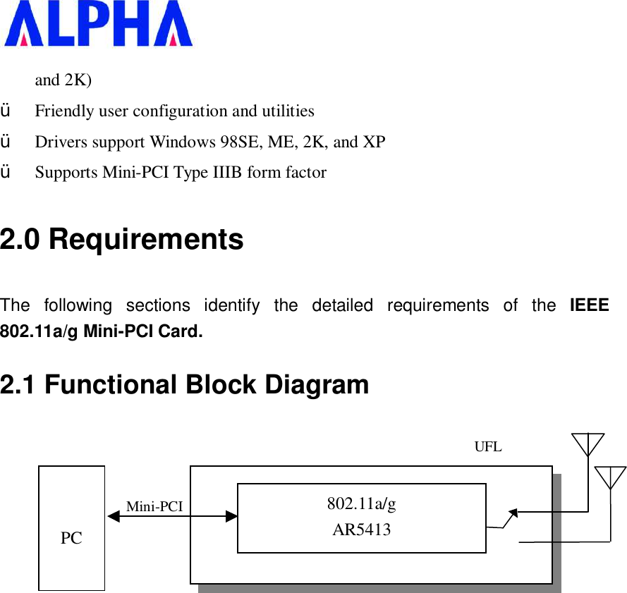   and 2K) Ÿ  Friendly user configuration and utilities Ÿ  Drivers support Windows 98SE, ME, 2K, and XP Ÿ  Supports Mini-PCI Type IIIB form factor 2.0 Requirements The following sections identify the detailed requirements of the  IEEE 802.11a/g Mini-PCI Card. 2.1 Functional Block Diagram         802.11a/g AR5413 MAC/BBP/RF   PC Mini-PCI UFL Connectors 