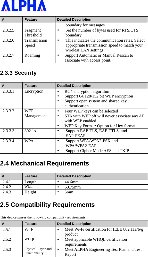   #  Feature  Detailed Description boundary for messages 2.3.2.5 Fragment Threshold y Set the number of bytes used for RTS/CTS boundary 2.3.2.6 Transmission Speed y This indicates the communication rates. Select appropriate transmission speed to match your wireless LAN settings 2.3.2.7 Roaming  y Support Automatic or Manual Rescan to associate with access point. 2.3.3 Security #  Feature  Detailed Description 2.3.3.1 Encryption  y RC4 encryption algorithm y Support 64/128/152 bit WEP encryption y Support open system and shared key authentication 2.3.3.2 WEP Management y Four WEP keys can be selected y STA with WEP off will never associate any AP with WEP enabled y WEP Key Format: Option for Hex format 2.3.3.3 802.1x  y Support EAP-TLS, EAP-TTLS, and EAP-PEAP 2.3.3.4 WPA  y Support WPA/WPA2-PSK and WPA/WPA2-EAP y Support Cipher Mode AES and TKIP 2.4 Mechanical Requirements #  Feature  Detailed Description 2.4.1  Length  y 44.6mm 2.4.2  Width  y 50.75mm  2.4.3  Height  y 5mm 2.5 Compatibility Requirements This device passes the following compatibility requirements. #  Feature  Detailed Description 2.5.1  Wi-Fi  y Meet Wi-Fi certification for IEEE 802.11a/b/g product 2.5.2  WHQL  y Meet applicable WHQL certification requirements 2.5.3  Physical Layer and Functionality  y Meet ALPHA Engineering Test Plan and Test Report 