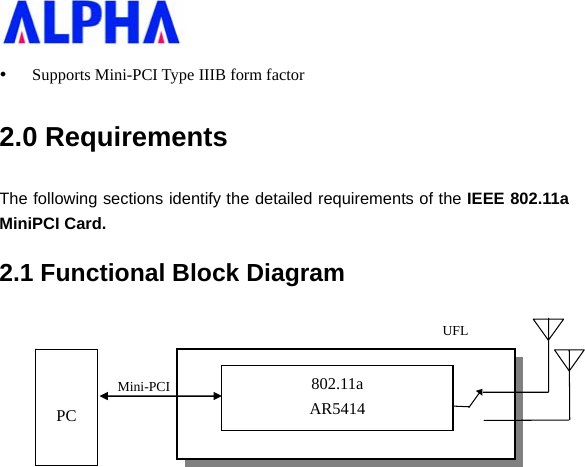   y Supports Mini-PCI Type IIIB form factor 2.0 Requirements The following sections identify the detailed requirements of the IEEE 802.11a MiniPCI Card. 2.1 Functional Block Diagram        802.11a AR5414   PC Mini-PCI UFL 