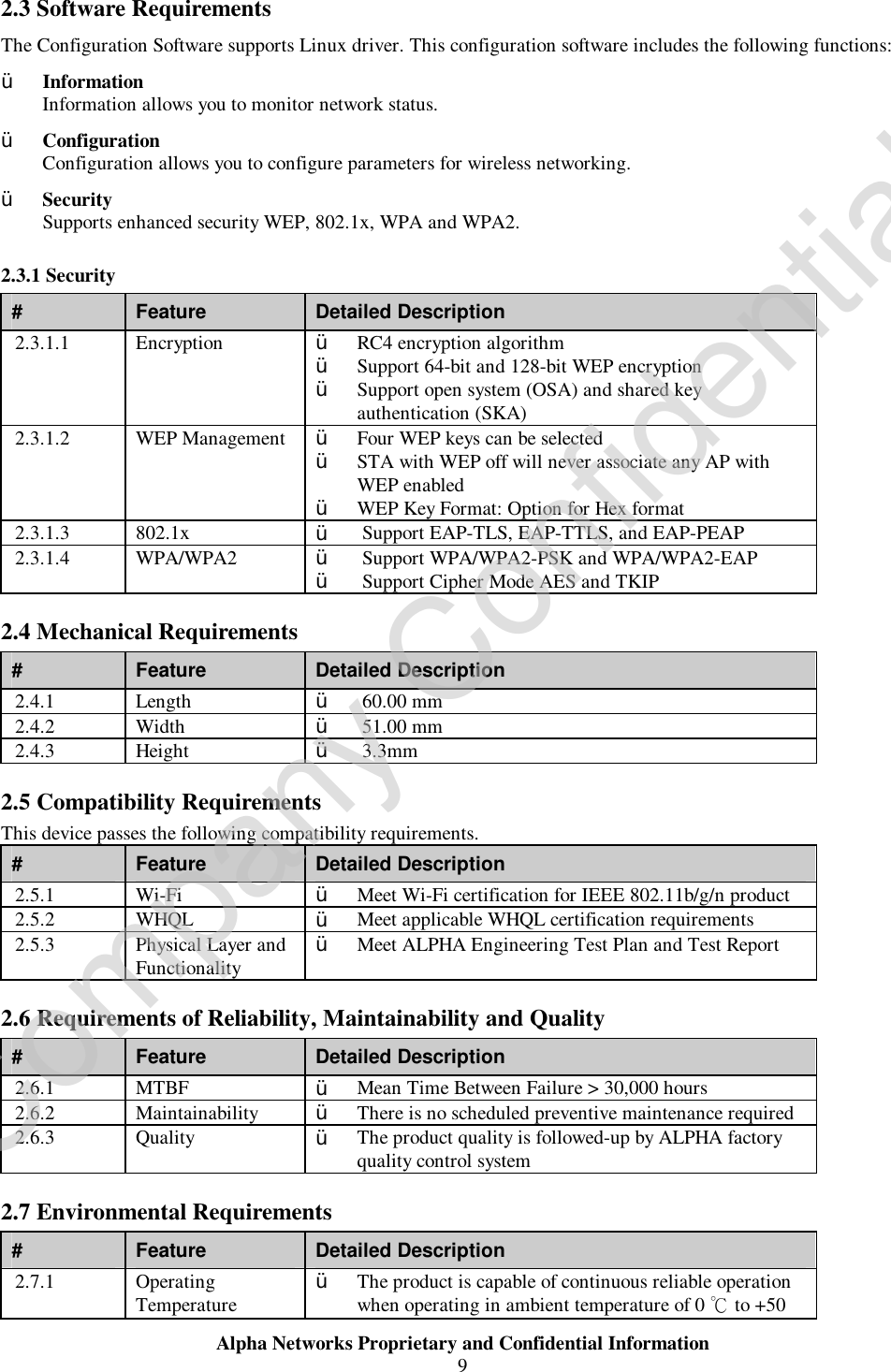  Alpha Networks Proprietary and Confidential Information  9  2.3 Software Requirements The Configuration Software supports Linux driver. This configuration software includes the following functions: Ÿ Information Information allows you to monitor network status. Ÿ Configuration Configuration allows you to configure parameters for wireless networking. Ÿ Security Supports enhanced security WEP, 802.1x, WPA and WPA2. 2.3.1 Security #  Feature  Detailed Description 2.3.1.1  Encryption  Ÿ RC4 encryption algorithm Ÿ Support 64-bit and 128-bit WEP encryption Ÿ Support open system (OSA) and shared key authentication (SKA) 2.3.1.2  WEP Management  Ÿ Four WEP keys can be selected Ÿ STA with WEP off will never associate any AP with WEP enabled Ÿ WEP Key Format: Option for Hex format 2.3.1.3  802.1x  Ÿ Support EAP-TLS, EAP-TTLS, and EAP-PEAP 2.3.1.4  WPA/WPA2  Ÿ Support WPA/WPA2-PSK and WPA/WPA2-EAP Ÿ Support Cipher Mode AES and TKIP 2.4 Mechanical Requirements #  Feature  Detailed Description 2.4.1  Length  Ÿ 60.00 mm 2.4.2  Width  Ÿ 51.00 mm 2.4.3  Height  Ÿ 3.3mm 2.5 Compatibility Requirements This device passes the following compatibility requirements. #  Feature  Detailed Description 2.5.1  Wi-Fi   Ÿ Meet Wi-Fi certification for IEEE 802.11b/g/n product 2.5.2  WHQL  Ÿ Meet applicable WHQL certification requirements 2.5.3  Physical Layer and Functionality  Ÿ Meet ALPHA Engineering Test Plan and Test Report 2.6 Requirements of Reliability, Maintainability and Quality #  Feature  Detailed Description 2.6.1  MTBF  Ÿ Mean Time Between Failure &gt; 30,000 hours 2.6.2  Maintainability  Ÿ There is no scheduled preventive maintenance required 2.6.3  Quality  Ÿ The product quality is followed-up by ALPHA factory quality control system 2.7 Environmental Requirements #  Feature  Detailed Description 2.7.1  Operating Temperature  Ÿ The product is capable of continuous reliable operation when operating in ambient temperature of 0 ℃ to +50Company Confidential