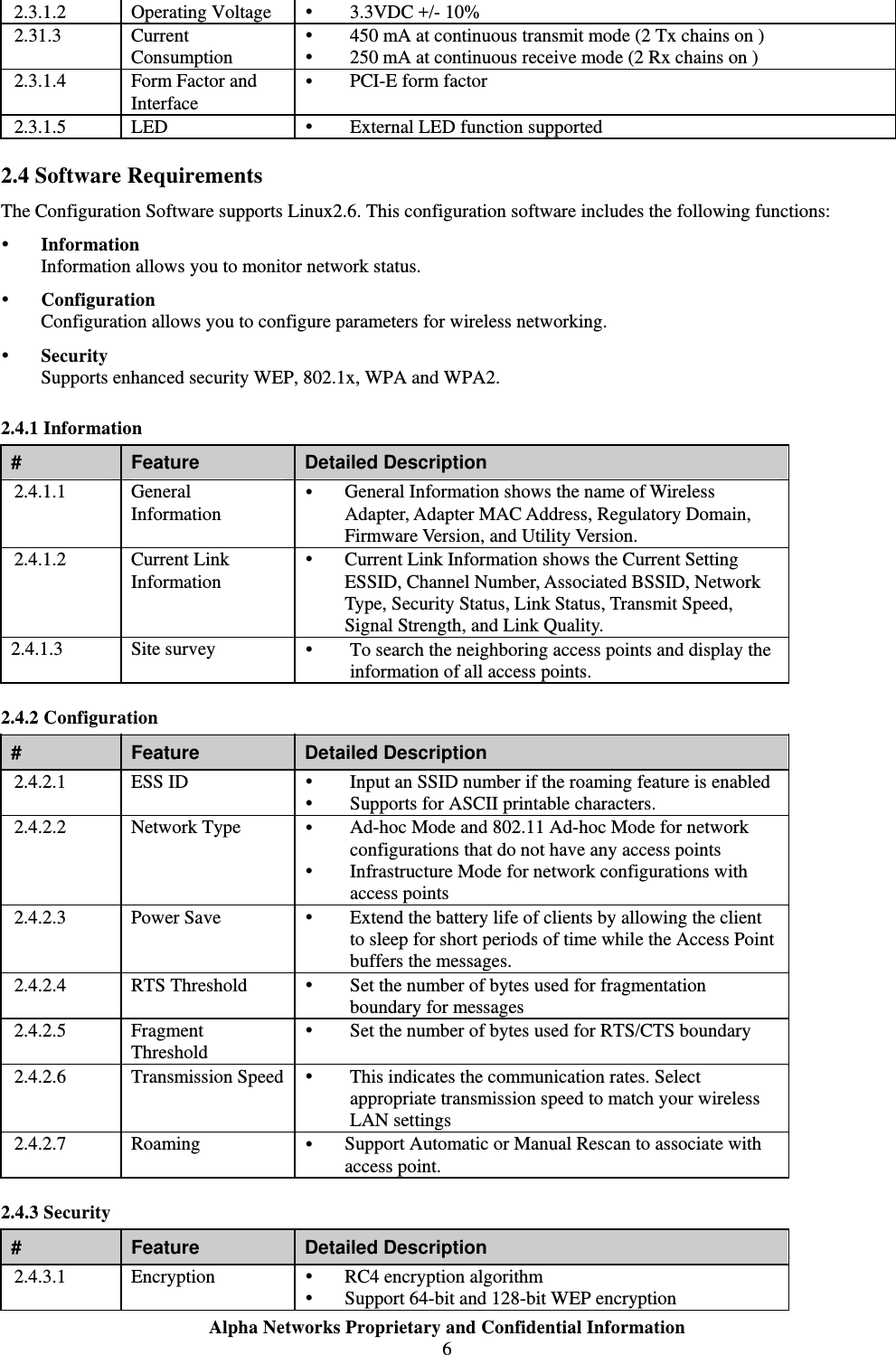  Alpha Networks Proprietary and Confidential Information  6  2.3.1.2 Operating Voltage y 3.3VDC +/- 10% 2.31.3 Current Consumption y 450 mA at continuous transmit mode (2 Tx chains on ) y 250 mA at continuous receive mode (2 Rx chains on ) 2.3.1.4  Form Factor and Interface y PCI-E form factor 2.3.1.5  LED      y External LED function supported  2.4 Software Requirements The Configuration Software supports Linux2.6. This configuration software includes the following functions: y Information Information allows you to monitor network status. y Configuration Configuration allows you to configure parameters for wireless networking. y Security Supports enhanced security WEP, 802.1x, WPA and WPA2. 2.4.1 Information #  Feature  Detailed Description 2.4.1.1 General Information y General Information shows the name of Wireless Adapter, Adapter MAC Address, Regulatory Domain, Firmware Version, and Utility Version. 2.4.1.2 Current Link Information y Current Link Information shows the Current Setting ESSID, Channel Number, Associated BSSID, Network Type, Security Status, Link Status, Transmit Speed, Signal Strength, and Link Quality. 2.4.1.3 Site survey  y To search the neighboring access points and display the information of all access points. 2.4.2 Configuration #  Feature  Detailed Description 2.4.2.1 ESS ID  y Input an SSID number if the roaming feature is enabled y Supports for ASCII printable characters. 2.4.2.2 Network Type y Ad-hoc Mode and 802.11 Ad-hoc Mode for network configurations that do not have any access points y Infrastructure Mode for network configurations with access points 2.4.2.3 Power Save  y Extend the battery life of clients by allowing the client to sleep for short periods of time while the Access Point buffers the messages. 2.4.2.4 RTS Threshold y Set the number of bytes used for fragmentation boundary for messages 2.4.2.5 Fragment Threshold y Set the number of bytes used for RTS/CTS boundary 2.4.2.6 Transmission Speed y This indicates the communication rates. Select appropriate transmission speed to match your wireless LAN settings 2.4.2.7 Roaming  y Support Automatic or Manual Rescan to associate with access point. 2.4.3 Security #  Feature  Detailed Description 2.4.3.1 Encryption  y RC4 encryption algorithm y Support 64-bit and 128-bit WEP encryption 