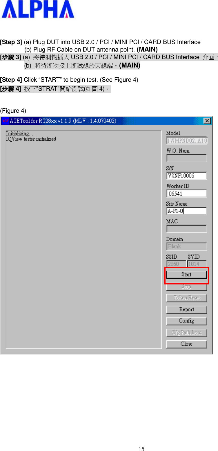   15  [Step 3] (a) Plug DUT into USB 2.0 / PCI / MINI PCI / CARD BUS Interface         (b) Plug RF Cable on DUT antenna point. (MAIN) [步驟 3] (a)  將待測物插入 USB 2.0 / PCI / MINI PCI / CARD BUS Interface  介面。 (b)  將待測物接上測試線於天線端。(MAIN)  [Step 4] Click “START” to begin test. (See Figure 4) [步驟 4] 按下”STRAT”開始測試(如圖 4)。  (Figure 4)         