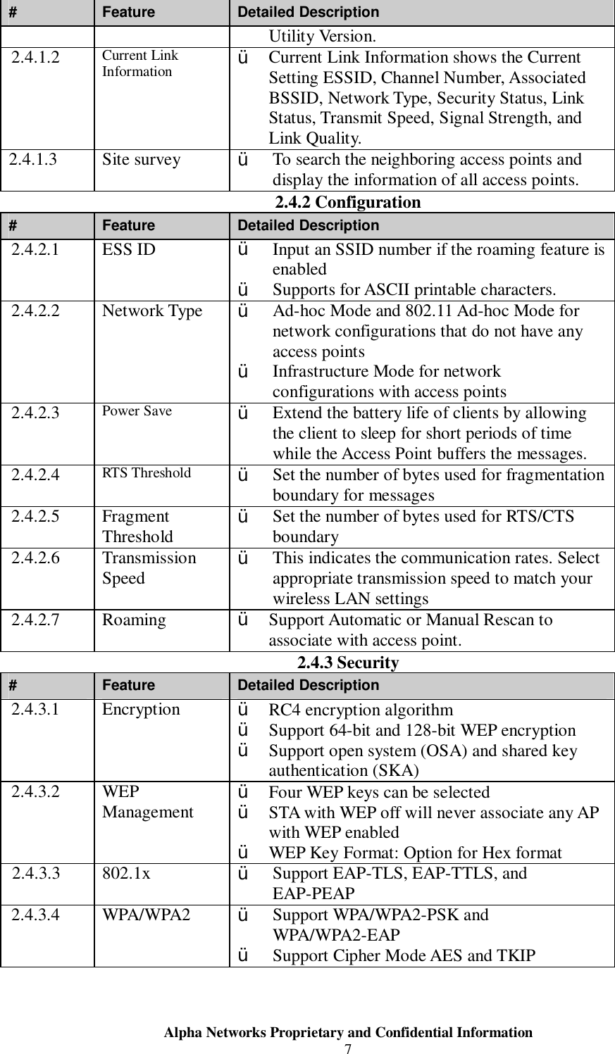  Alpha Networks Proprietary and Confidential Information  7  #  Feature  Detailed Description Utility Version. 2.4.1.2  Current Link Information  Ÿ Current Link Information shows the Current Setting ESSID, Channel Number, Associated BSSID, Network Type, Security Status, Link Status, Transmit Speed, Signal Strength, and Link Quality. 2.4.1.3  Site survey  Ÿ To search the neighboring access points and display the information of all access points. 2.4.2 Configuration #  Feature  Detailed Description 2.4.2.1  ESS ID  Ÿ Input an SSID number if the roaming feature is enabled Ÿ Supports for ASCII printable characters. 2.4.2.2  Network Type  Ÿ Ad-hoc Mode and 802.11 Ad-hoc Mode for network configurations that do not have any access points Ÿ Infrastructure Mode for network configurations with access points 2.4.2.3  Power Save  Ÿ Extend the battery life of clients by allowing the client to sleep for short periods of time while the Access Point buffers the messages. 2.4.2.4  RTS Threshold  Ÿ Set the number of bytes used for fragmentation boundary for messages 2.4.2.5  Fragment Threshold  Ÿ Set the number of bytes used for RTS/CTS boundary 2.4.2.6  Transmission Speed  Ÿ This indicates the communication rates. Select appropriate transmission speed to match your wireless LAN settings 2.4.2.7  Roaming  Ÿ Support Automatic or Manual Rescan to associate with access point. 2.4.3 Security #  Feature  Detailed Description 2.4.3.1  Encryption  Ÿ RC4 encryption algorithm Ÿ Support 64-bit and 128-bit WEP encryption Ÿ Support open system (OSA) and shared key authentication (SKA) 2.4.3.2  WEP Management  Ÿ Four WEP keys can be selected Ÿ STA with WEP off will never associate any AP with WEP enabled Ÿ WEP Key Format: Option for Hex format 2.4.3.3  802.1x  Ÿ Support EAP-TLS, EAP-TTLS, and EAP-PEAP 2.4.3.4  WPA/WPA2  Ÿ Support WPA/WPA2-PSK and WPA/WPA2-EAP Ÿ Support Cipher Mode AES and TKIP 