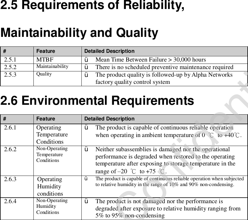 2.5 Requirements of Reliability, Maintainability and Quality #  Feature  Detailed Description 2.5.1  MTBF  Ÿ Mean Time Between Failure &gt; 30,000 hours 2.5.2  Maintainability  Ÿ There is no scheduled preventive maintenance required 2.5.3  Quality  Ÿ The product quality is followed-up by Alpha Networks factory quality control system 2.6 Environmental Requirements #  Feature  Detailed Description 2.6.1  Operating Temperature Conditions Ÿ The product is capable of continuous reliable operation when operating in ambient temperature of 0  ℃ to +40℃. 2.6.2  Non-Operating Temperature Conditions Ÿ Neither subassemblies is damaged nor the operational performance is degraded when restored to the operating temperature after exposing to storage temperature in the range of –20  ℃ to +75  ℃. 2.6.3  Operating Humidity conditions Ÿ The product is capable of continuous reliable operation when subjected to relative humidity in the range of 10% and 90% non-condensing. 2.6.4  Non-Operating Humidity Conditions Ÿ The product is not damaged nor the performance is degraded after exposure to relative humidity ranging from 5% to 95% non-condensing               Company Confidential