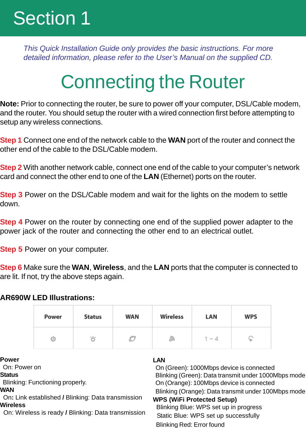 This Quick Installation Guide only provides the basic instructions. For moredetailed information, please refer to the User’s Manual on the supplied CD.Note: Prior to connecting the router, be sure to power off your computer, DSL/Cable modem,and the router. You should setup the router with a wired connection first before attempting tosetup any wireless connections.Step 1 Connect one end of the network cable to the WAN port of the router and connect theother end of the cable to the DSL/Cable modem.Step 2 With another network cable, connect one end of the cable to your computer’s networkcard and connect the other end to one of the LAN (Ethernet) ports on the router.Step 3 Power on the DSL/Cable modem and wait for the lights on the modem to settledown.Step 4 Power on the router by connecting one end of the supplied power adapter to thepower jack of the router and connecting the other end to an electrical outlet.Step 5 Power on your computer.Step 6 Make sure the WAN, Wireless, and the LAN ports that the computer is connected toare lit. If not, try the above steps again.Connecting the RouterSection 1  Section 1AR690W LED Illustrations:Power  On: Power onStatus  Blinking: Functioning properly.WAN  On: Link established / Blinking: Data transmissionWireless  On: Wireless is ready / Blinking: Data transmissionLAN  On (Green): 1000Mbps device is connected  Blinking (Green): Data transmit under 1000Mbps mode  On (Orange): 100Mbps device is connected  Blinking (Orange): Data transmit under 100Mbps modeWPS (WiFi Protected Setup)  Blinking Blue: WPS set up in progress  Static Blue: WPS set up successfully  Blinking Red: Error found