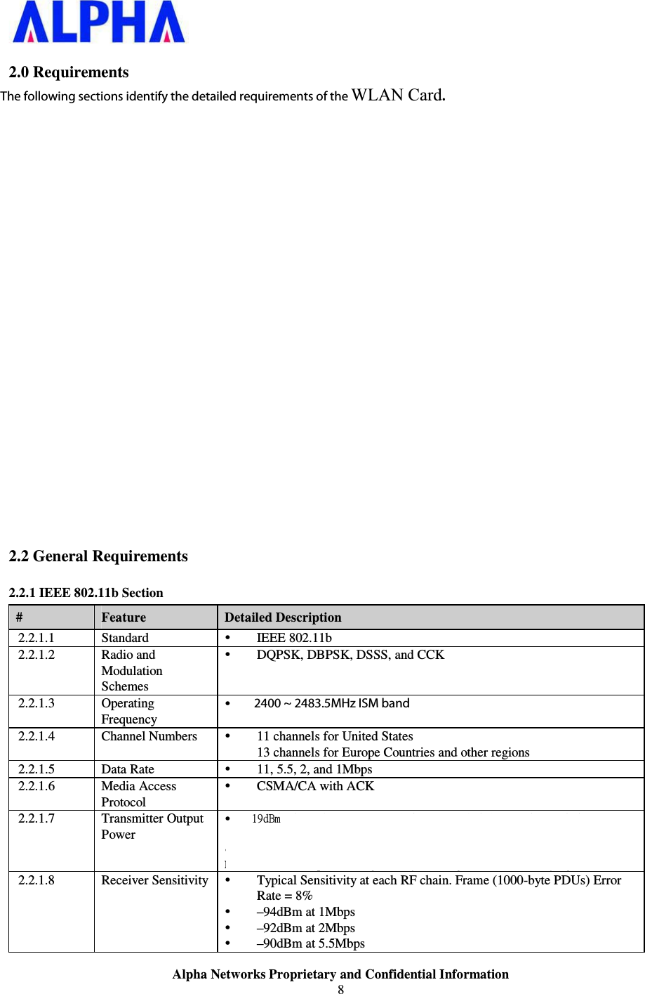                    Alpha Networks Proprietary and Confidential Information   2.0 Requirements The following sections identify the detailed requirements of the 802.11n Draft 2.0 USB Dongle. 2.1 Functional Block Diagram  2.2 General Requirements 2.2.1 IEEE 802.11b Section #  Feature  Detailed Description 2.2.1.1 Standard  y IEEE 802.11b 2.2.1.2 Radio and Modulation Schemes y DQPSK, DBPSK, DSSS, and CCK 2.2.1.3 Operating Frequency y 2400 ~ 2497MHz ISM band 2.2.1.4  Channel Numbers   y 11 channels for United States 13 channels for Europe Countries and other regions 2.2.1.5 Data Rate  y 11, 5.5, 2, and 1Mbps 2.2.1.6 Media Access Protocol y CSMA/CA with ACK 2.2.1.7 Transmitter Output Power y Typical RF Output Power (tolerance +-2 dB) at each RF chain, Data Rate and at room Temp. 25degree C y 17 dBm at 1,2,5.5,11Mbps Note: The maximum power setting will vary according to individual country regulations. 2.2.1.8 Receiver Sensitivity y Typical Sensitivity at each RF chain. Frame (1000-byte PDUs) Error Rate = 8% y –94dBm at 1Mbps y –92dBm at 2Mbps y –90dBm at 5.5Mbps 2:eCn!2400 ~ 2483.5MHz ISM band The following sections identify the detailed requirements of the WLAN Card. 