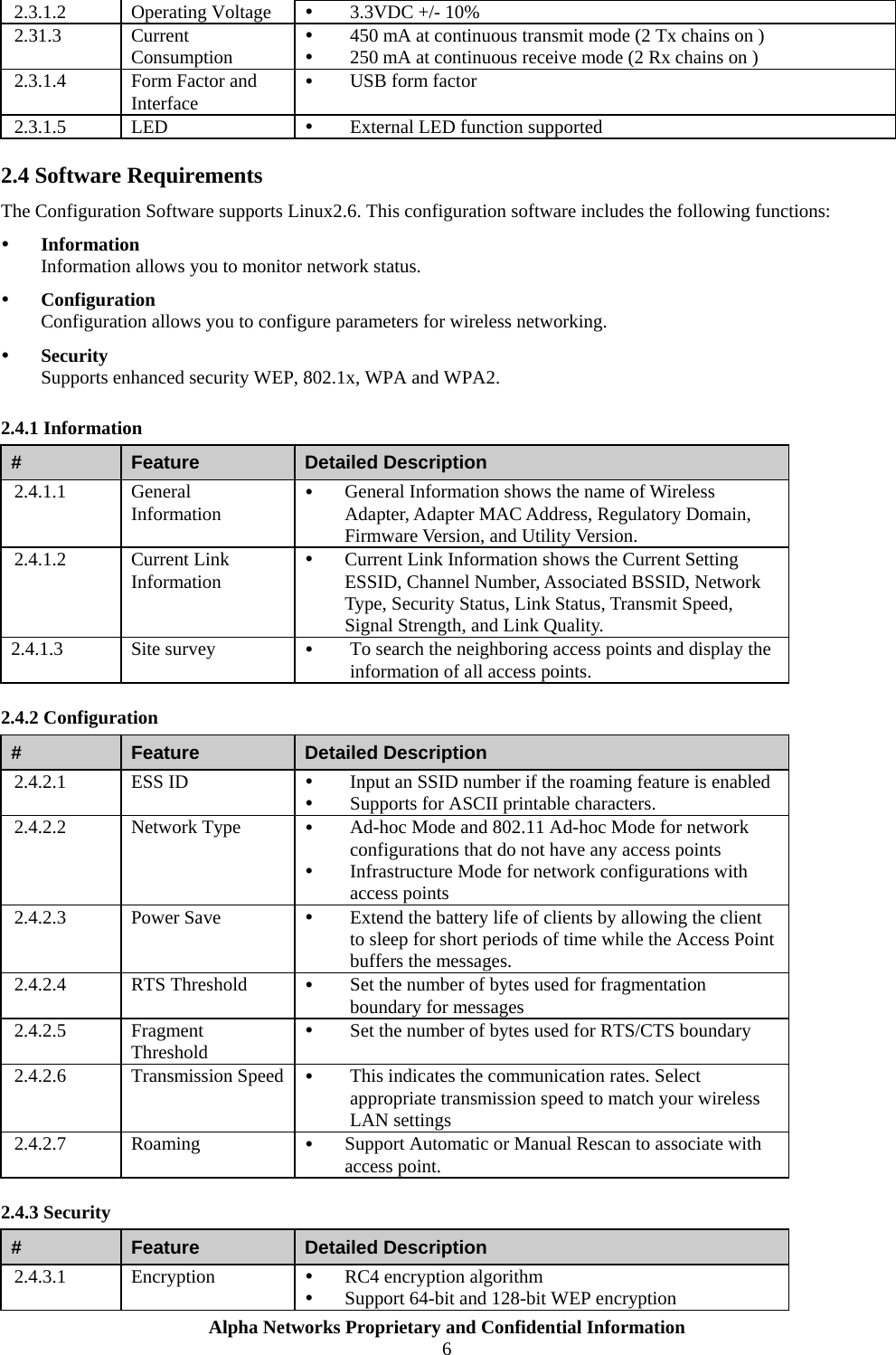  Alpha Networks Proprietary and Confidential Information  6  2.3.1.2 Operating Voltage y 3.3VDC +/- 10% 2.31.3 Current Consumption y 450 mA at continuous transmit mode (2 Tx chains on ) y 250 mA at continuous receive mode (2 Rx chains on ) 2.3.1.4  Form Factor and Interface y USB form factor 2.3.1.5  LED      y External LED function supported  2.4 Software Requirements The Configuration Software supports Linux2.6. This configuration software includes the following functions: y Information Information allows you to monitor network status. y Configuration Configuration allows you to configure parameters for wireless networking. y Security Supports enhanced security WEP, 802.1x, WPA and WPA2. 2.4.1 Information #  Feature  Detailed Description 2.4.1.1 General Information y General Information shows the name of Wireless Adapter, Adapter MAC Address, Regulatory Domain, Firmware Version, and Utility Version. 2.4.1.2 Current Link Information y Current Link Information shows the Current Setting ESSID, Channel Number, Associated BSSID, Network Type, Security Status, Link Status, Transmit Speed, Signal Strength, and Link Quality. 2.4.1.3 Site survey  y To search the neighboring access points and display the information of all access points. 2.4.2 Configuration #  Feature  Detailed Description 2.4.2.1 ESS ID  y Input an SSID number if the roaming feature is enabled y Supports for ASCII printable characters. 2.4.2.2 Network Type y Ad-hoc Mode and 802.11 Ad-hoc Mode for network configurations that do not have any access points y Infrastructure Mode for network configurations with access points 2.4.2.3 Power Save  y Extend the battery life of clients by allowing the client to sleep for short periods of time while the Access Point buffers the messages. 2.4.2.4 RTS Threshold y Set the number of bytes used for fragmentation boundary for messages 2.4.2.5 Fragment Threshold y Set the number of bytes used for RTS/CTS boundary 2.4.2.6 Transmission Speed y This indicates the communication rates. Select appropriate transmission speed to match your wireless LAN settings 2.4.2.7 Roaming  y Support Automatic or Manual Rescan to associate with access point. 2.4.3 Security #  Feature  Detailed Description 2.4.3.1 Encryption  y RC4 encryption algorithm y Support 64-bit and 128-bit WEP encryption 