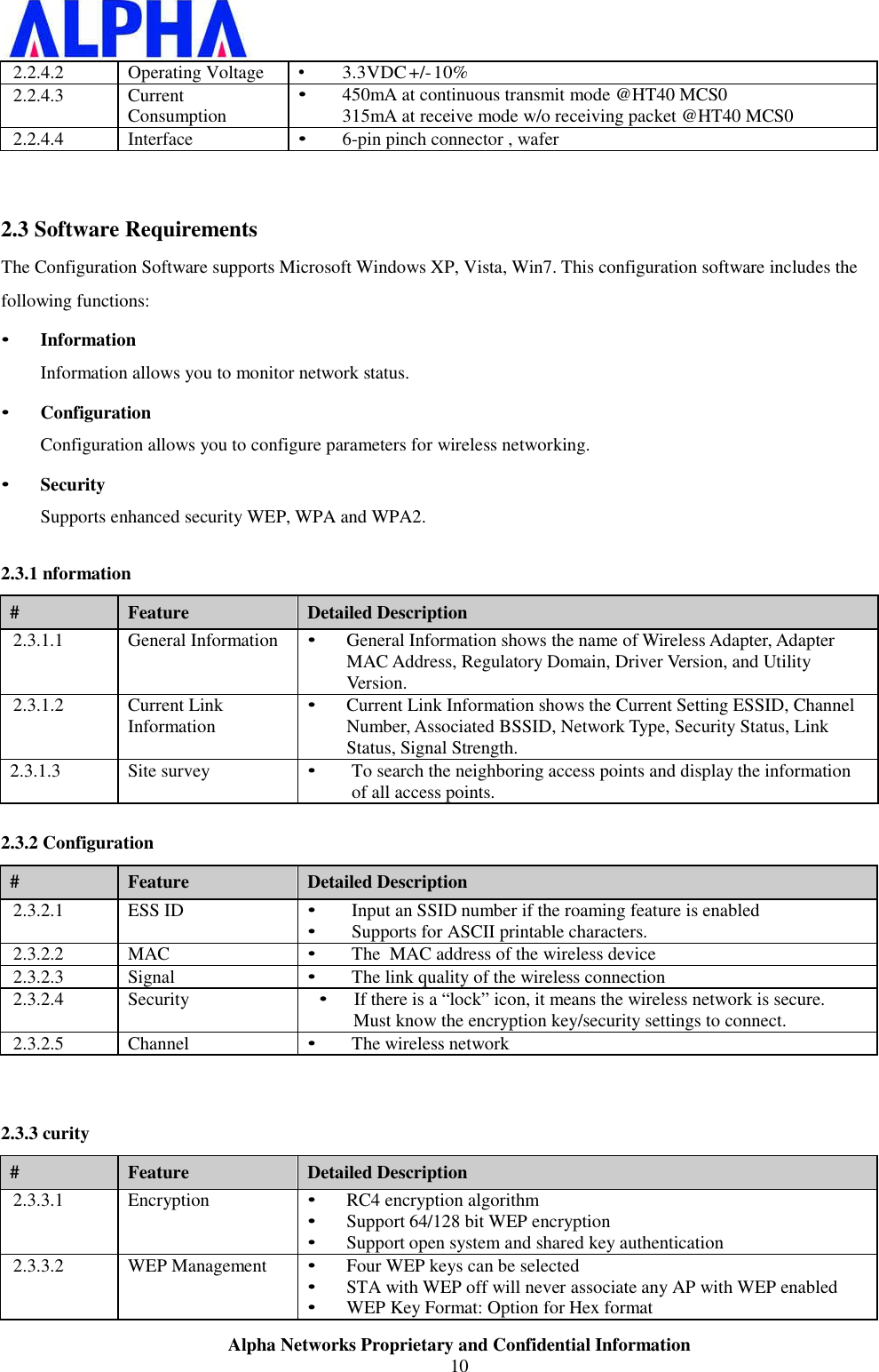 Alpha Networks Proprietary and Confidential Information10 2.2.4.2OperatingVoltage• 3.3VDC +/- 10%2.2.4.3 Current Consumption• 450mA at continuous transmit mode @HT40 MCS0 315mA at receive mode w/o receiving packet @HT40 MCS02.2.4.4Interface• 6-pin pinch connector , wafer2.3 Software RequirementsThe Configuration Software supports Microsoft Windows XP, Vista, Win7. This configuration software includes the following functions: • InformationInformation allows you to monitor network status. • ConfigurationConfiguration allows you to configure parameters for wireless networking. • SecuritySupports enhanced security WEP, WPA and WPA2. 2.3.1 nformation#Feature Detailed Description2.3.1.1 General Information• General Information shows the name of Wireless Adapter, Adapter MAC Address, Regulatory Domain, Driver Version, and Utility Version.2.3.1.2 Current Link Information• Current Link Information shows the Current Setting ESSID, Channel Number, Associated BSSID, Network Type, Security Status, Link Status, Signal Strength.2.3.1.3 Site survey• To search the neighboring access points and display the information of all access points.2.3.2 Configuration#Feature Detailed Description2.3.2.1 ESS ID• Input an SSID number if the roaming feature is enabled • Supports for ASCII printable characters.2.3.2.2 MAC• The  MAC address of the wireless device2.3.2.3 Signal• The link quality of the wireless connection2.3.2.4 Security• If there is a “lock” icon, it means the wireless network is secure. Must know the encryption key/security settings to connect.2.3.2.5 Channel• The wireless network2.3.3 curity#Feature Detailed Description2.3.3.1 Encryption• RC4 encryption algorithm • Support 64/128 bit WEP encryption • Support open system and shared key authentication2.3.3.2 WEP Management• Four WEP keys can be selected • STA with WEP off will never associate any AP with WEP enabled • WEP Key Format: Option for Hex format