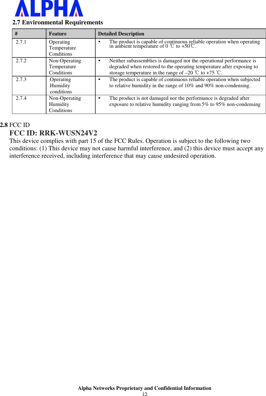 Alpha Networks Proprietary and Confidential Information12 2.7 Environmental Requirements#Feature Detailed Description2.7.1 Operating Temperature Conditions• The product is capable of continuous reliable operation when operating in ambient temperature of 0 ćto +50ć.2.7.2 Non-Operating Temperature Conditions• Neither subassemblies is damaged nor the operational performance is degraded when restored to the operating temperature after exposing to storage temperature in the range of –20 ćto +75 ć.2.7.3 Operating Humidity conditions• The product is capable of continuous reliable operation when subjected to relative humidity in the range of 10% and 90% non-condensing.2.7.4 Non-Operating Humidity Conditions• The product is not damaged nor the performance is degraded after exposure to relative humidity ranging from 5% to 95% non-condensing2.8 FCC ID FCC ID: RRK-WUSN24V2This device complies with part 15 of the FCC Rules. Operation is subject to the following two conditions: (1) This device may not cause harmful interference, and (2) this device must accept any interference received, including interference that may cause undesired operation. 