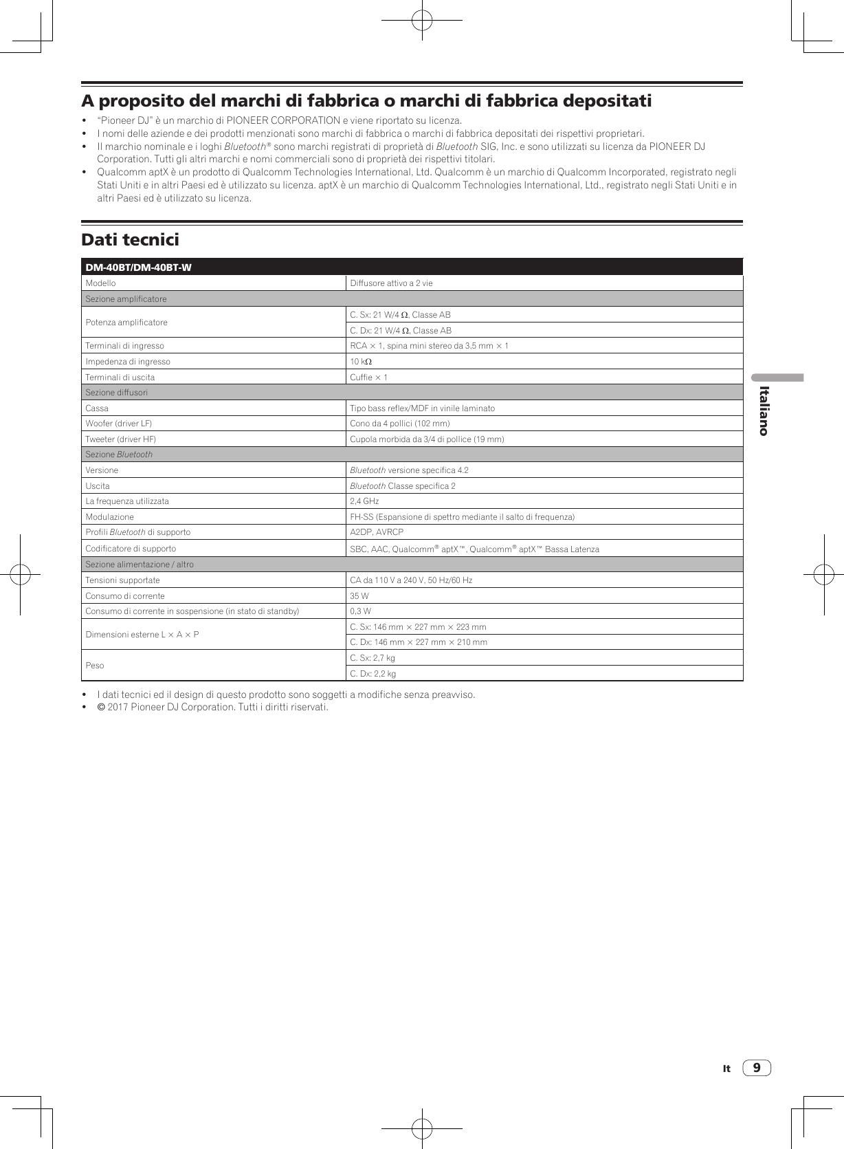 9ItItalianoA proposito del marchi di fabbrica o marchi di fabbrica depositati!  “Pioneer DJ” è un marchio di PIONEER CORPORATION e viene riportato su licenza.!  I nomi delle aziende e dei prodotti menzionati sono marchi di fabbrica o marchi di fabbrica depositati dei rispettivi proprietari.!  Il marchio nominale e i loghi Bluetooth® sono marchi registrati di proprietà di Bluetooth SIG, Inc. e sono utilizzati su licenza da PIONEER DJ Corporation. Tutti gli altri marchi e nomi commerciali sono di proprietà dei rispettivi titolari.!  Qualcomm aptX è un prodotto di Qualcomm Technologies International, Ltd. Qualcomm è un marchio di Qualcomm Incorporated, registrato negli Stati Uniti e in altri Paesi ed è utilizzato su licenza. aptX è un marchio di Qualcomm Technologies International, Ltd., registrato negli Stati Uniti e in altri Paesi ed è utilizzato su licenza.Dati tecniciDM-40BT/DM-40BT-WModello Diffusore attivo a 2 vieSezione amplificatorePotenza amplificatore C. Sx: 21 W/4 W, Classe ABC. Dx: 21 W/4 W, Classe ABTerminali di ingresso RCA × 1, spina mini stereo da 3,5 mm × 1Impedenza di ingresso 10 kWTerminali di uscita Cuffie × 1Sezione diffusoriCassa Tipo bass reflex/MDF in vinile laminatoWoofer (driver LF) Cono da 4 pollici (102 mm)Tweeter (driver HF) Cupola morbida da 3/4 di pollice (19 mm)Sezione BluetoothVersione Bluetooth versione specifica 4.2Uscita Bluetooth Classe specifica 2La frequenza utilizzata 2,4 GHzModulazione FH-SS (Espansione di spettro mediante il salto di frequenza)Profili Bluetooth di supporto A2DP, AVRCPCodificatore di supporto SBC, AAC, Qualcomm® aptX™, Qualcomm® aptX™ Bassa LatenzaSezione alimentazione / altroTensioni supportate CA da 110 V a 240 V, 50 Hz/60 HzConsumo di corrente 35 WConsumo di corrente in sospensione (in stato di standby) 0,3 WDimensioni esterne L × A × P C. Sx: 146 mm × 227 mm × 223 mmC. Dx: 146 mm × 227 mm × 210 mmPeso C. Sx: 2,7 kgC. Dx: 2,2 kg!  I dati tecnici ed il design di questo prodotto sono soggetti a modifiche senza preavviso.! © 2017 Pioneer DJ Corporation. Tutti i diritti riservati.