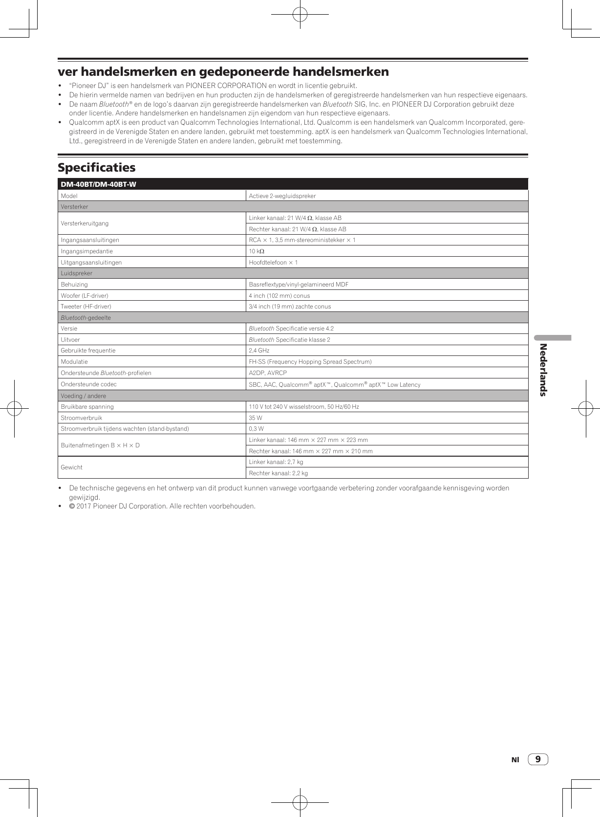 9ver handelsmerken en gedeponeerde handelsmerken!  “Pioneer DJ” is een handelsmerk van PIONEER CORPORATION en wordt in licentie gebruikt.!  De hierin vermelde namen van bedrijven en hun producten zijn de handelsmerken of geregistreerde handelsmerken van hun respectieve eigenaars.!  De naam Bluetooth® en de logo’s daarvan zijn geregistreerde handelsmerken van Bluetooth SIG, Inc. en PIONEER DJ Corporation gebruikt deze onder licentie. Andere handelsmerken en handelsnamen zijn eigendom van hun respectieve eigenaars.!  Qualcomm aptX is een product van Qualcomm Technologies International, Ltd. Qualcomm is een handelsmerk van Qualcomm Incorporated, gere-gistreerd in de Verenigde Staten en andere landen, gebruikt met toestemming. aptX is een handelsmerk van Qualcomm Technologies International, Ltd., geregistreerd in de Verenigde Staten en andere landen, gebruikt met toestemming.SpecificatiesDM-40BT/DM-40BT-WModel Actieve 2-wegluidsprekerVersterkerVersterkeruitgang Linker kanaal: 21 W/4 W, klasse ABRechter kanaal: 21 W/4 W, klasse ABIngangsaansluitingen RCA × 1, 3,5 mm-stereoministekker × 1Ingangsimpedantie 10 kWUitgangsaansluitingen Hoofdtelefoon × 1LuidsprekerBehuizing Basreflextype/vinyl-gelamineerd MDFWoofer (LF-driver) 4 inch (102 mm) conusTweeter (HF-driver) 3/4 inch (19 mm) zachte conusBluetooth-gedeelteVersie Bluetooth Specificatie versie 4.2Uitvoer Bluetooth Specificatie klasse 2Gebruikte frequentie 2,4 GHzModulatie FH-SS (Frequency Hopping Spread Spectrum)Ondersteunde Bluetooth-profielen A2DP, AVRCPOndersteunde codec SBC, AAC, Qualcomm® aptX™, Qualcomm® aptX™ Low LatencyVoeding / andereBruikbare spanning 110 V tot 240 V wisselstroom, 50 Hz/60 HzStroomverbruik 35 WStroomverbruik tijdens wachten (stand-bystand) 0,3 WBuitenafmetingen B × H × D Linker kanaal: 146 mm × 227 mm × 223 mmRechter kanaal: 146 mm × 227 mm × 210 mmGewicht Linker kanaal: 2,7 kgRechter kanaal: 2,2 kg!  De technische gegevens en het ontwerp van dit product kunnen vanwege voortgaande verbetering zonder voorafgaande kennisgeving worden gewijzigd.! © 2017 Pioneer DJ Corporation. Alle rechten voorbehouden.NlNederlands