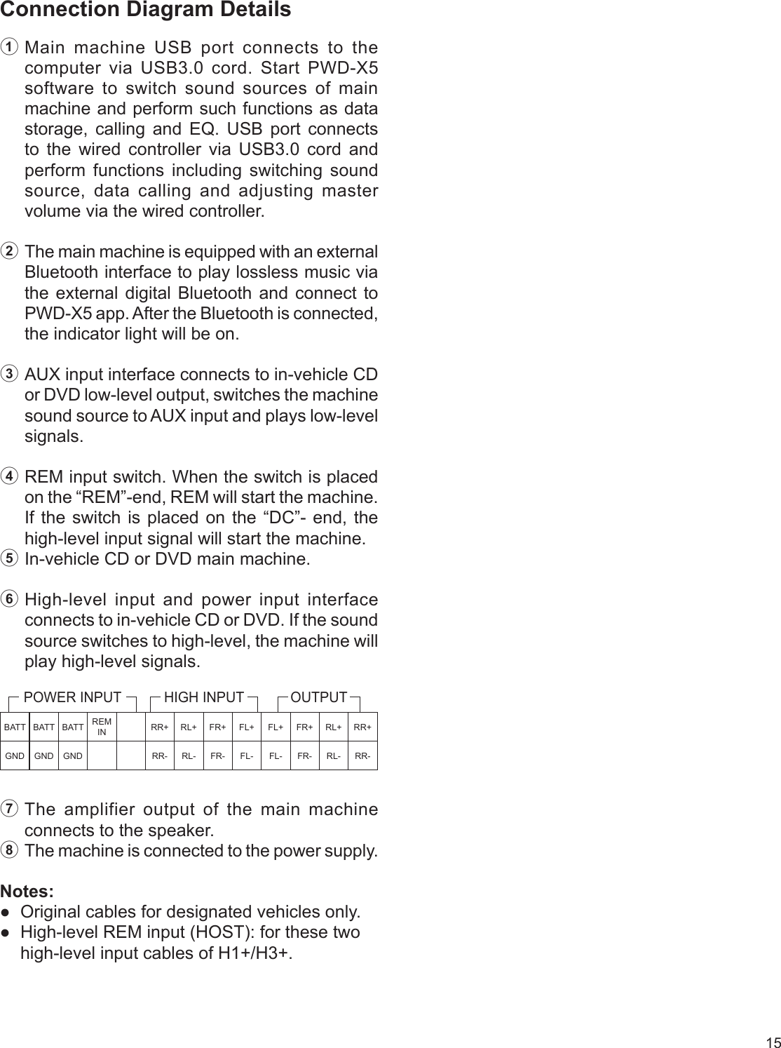 15Connection Diagram Details 1 Main machine USB port connects to the computer via USB3.0 cord. Start PWD-X5 software to switch sound sources of main machine and perform such functions as data storage, calling and EQ. USB port connects to the wired controller via USB3.0 cord and perform functions including switching sound source, data calling and adjusting master volume via the wired controller.2 The main machine is equipped with an external Bluetooth interface to play lossless music via the external digital Bluetooth and connect to PWD-X5 app. After the Bluetooth is connected, the indicator light will be on.3 AUX input interface connects to in-vehicle CD or DVD low-level output, switches the machine sound source to AUX input and plays low-level signals.4 REM input switch. When the switch is placed on the “REM”-end, REM will start the machine. If the switch is placed on the “DC”- end, the high-level input signal will start the machine.5 In-vehicle CD or DVD main machine.6 High-level input and power input interface connects to in-vehicle CD or DVD. If the sound source switches to high-level, the machine will play high-level signals.7 The amplifier output of the main machine connects to the speaker.8 The machine is connected to the power supply.Notes:  ●Original cables for designated vehicles only. ●High-level REM input (HOST): for these two high-level input cables of H1+/H3+.BATT BATT BATT REM IN RR+ RL+ FR+ FL+ FL+ FR+ RL+ RR+GND GND GND RR- RL- FR- FL- FL- FR- RL- RR-POWER INPUT HIGH INPUT OUTPUT