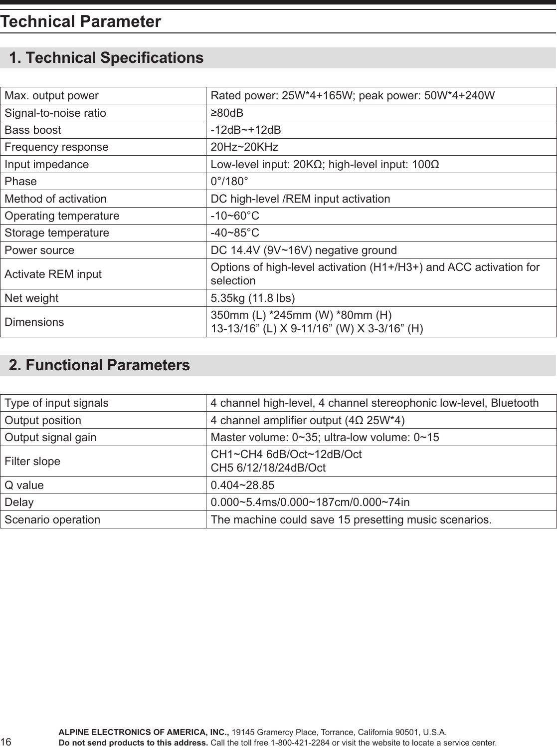 16Technical Parameter1. Technical SpecicationsMax. output power Rated power: 25W*4+165W; peak power: 50W*4+240WSignal-to-noise ratio ≥80dBBass boost -12dB~+12dBFrequency response 20Hz~20KHzInput impedance Low-level input: 20KΩ; high-level input: 100ΩPhase 0°/180°Method of activation DC high-level /REM input activationOperating temperature -10~60°CStorage temperature -40~85°CPower source DC 14.4V (9V~16V) negative groundActivate REM input Options of high-level activation (H1+/H3+) and ACC activation for selectionNet weight 5.35kg (11.8 lbs)Dimensions 350mm (L) *245mm (W) *80mm (H)13-13/16” (L) X 9-11/16” (W) X 3-3/16” (H) 2. Functional ParametersType of input signals 4 channel high-level, 4 channel stereophonic low-level, BluetoothOutput position 4 channel amplier output (4Ω 25W*4)Output signal gain Master volume: 0~35; ultra-low volume: 0~15Filter slope CH1~CH4 6dB/Oct~12dB/OctCH5 6/12/18/24dB/OctQ value 0.404~28.85Delay 0.000~5.4ms/0.000~187cm/0.000~74inScenario operation The machine could save 15 presetting music scenarios.ALPINE ELECTRONICS OF AMERICA, INC., 19145 Gramercy Place, Torrance, California 90501, U.S.A.Do not send products to this address. Call the toll free 1-800-421-2284 or visit the website to locate a service center.