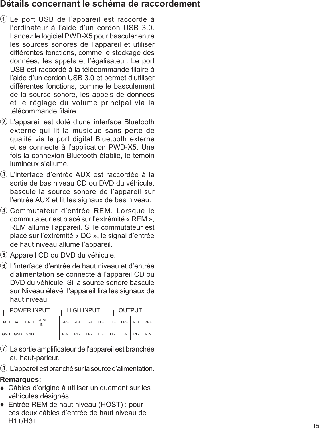 15Détails concernant le schéma de raccordement  1 Le port USB de l’appareil est raccordé à l’ordinateur à l’aide d’un cordon USB 3.0. Lancez le logiciel PWD-X5 pour basculer entre les sources sonores de l’appareil et utiliser différentes fonctions, comme le stockage des données, les appels et l’égalisateur. Le port USB est raccordé à la télécommande laire à l’aide d’un cordon USB 3.0 et permet d’utiliser différentes fonctions, comme le basculement de la source sonore, les appels de données et le réglage du volume principal via la télécommande laire.2 L’appareil est doté d’une interface Bluetooth externe qui lit la musique sans perte de qualité via le port digital Bluetooth externe et se connecte à l’application PWD-X5. Une fois la connexion Bluetooth établie, le témoin lumineux s’allume.3 L’interface d’entrée AUX est raccordée à la sortie de bas niveau CD ou DVD du véhicule, bascule la source sonore de l’appareil sur l’entrée AUX et lit les signaux de bas niveau.4 Commutateur d’entrée REM. Lorsque le commutateur est placé sur l’extrémité « REM », REM allume l’appareil. Si le commutateur est placé sur l’extrémité « DC », le signal d’entrée de haut niveau allume l’appareil.5 Appareil CD ou DVD du véhicule.6 L’interface d’entrée de haut niveau et d’entrée d’alimentation se connecte à l’appareil CD ou DVD du véhicule. Si la source sonore bascule sur Niveau élevé, l’appareil lira les signaux de haut niveau.7 La sortie amplicateur de l’appareil est branchée au haut-parleur.8  L’appareil est branché sur la source d’alimentation.Remarques:  ●Câbles d’origine à utiliser uniquement sur les véhicules désignés. ●Entrée REM de haut niveau (HOST) : pour ces deux câbles d’entrée de haut niveau de H1+/H3+.BATT BATT BATT REM IN RR+ RL+ FR+ FL+ FL+ FR+ RL+ RR+GND GND GND RR- RL- FR- FL- FL- FR- RL- RR-POWER INPUT HIGH INPUT OUTPUT